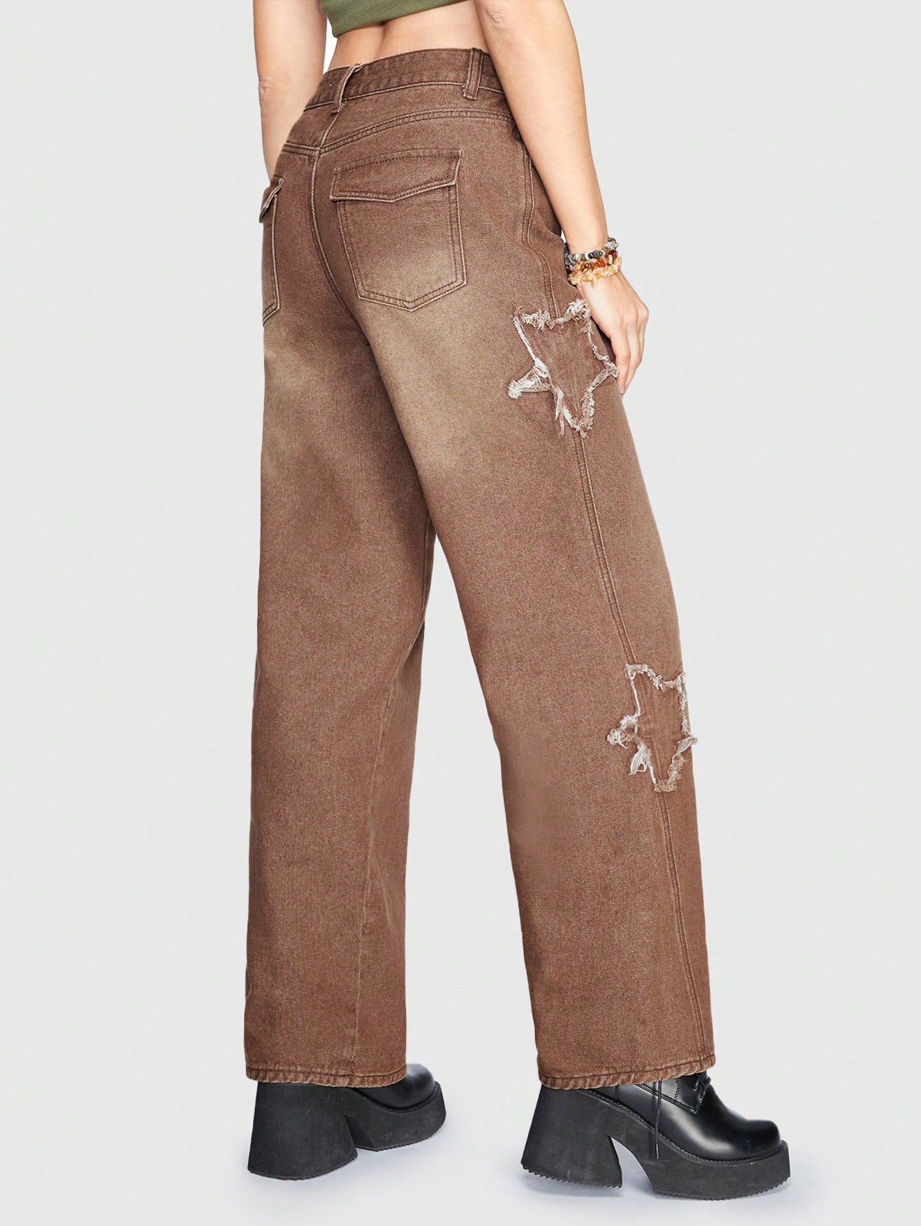 Fairycore Women'S Star Printed Straight Leg Jeans With Fringed Hem