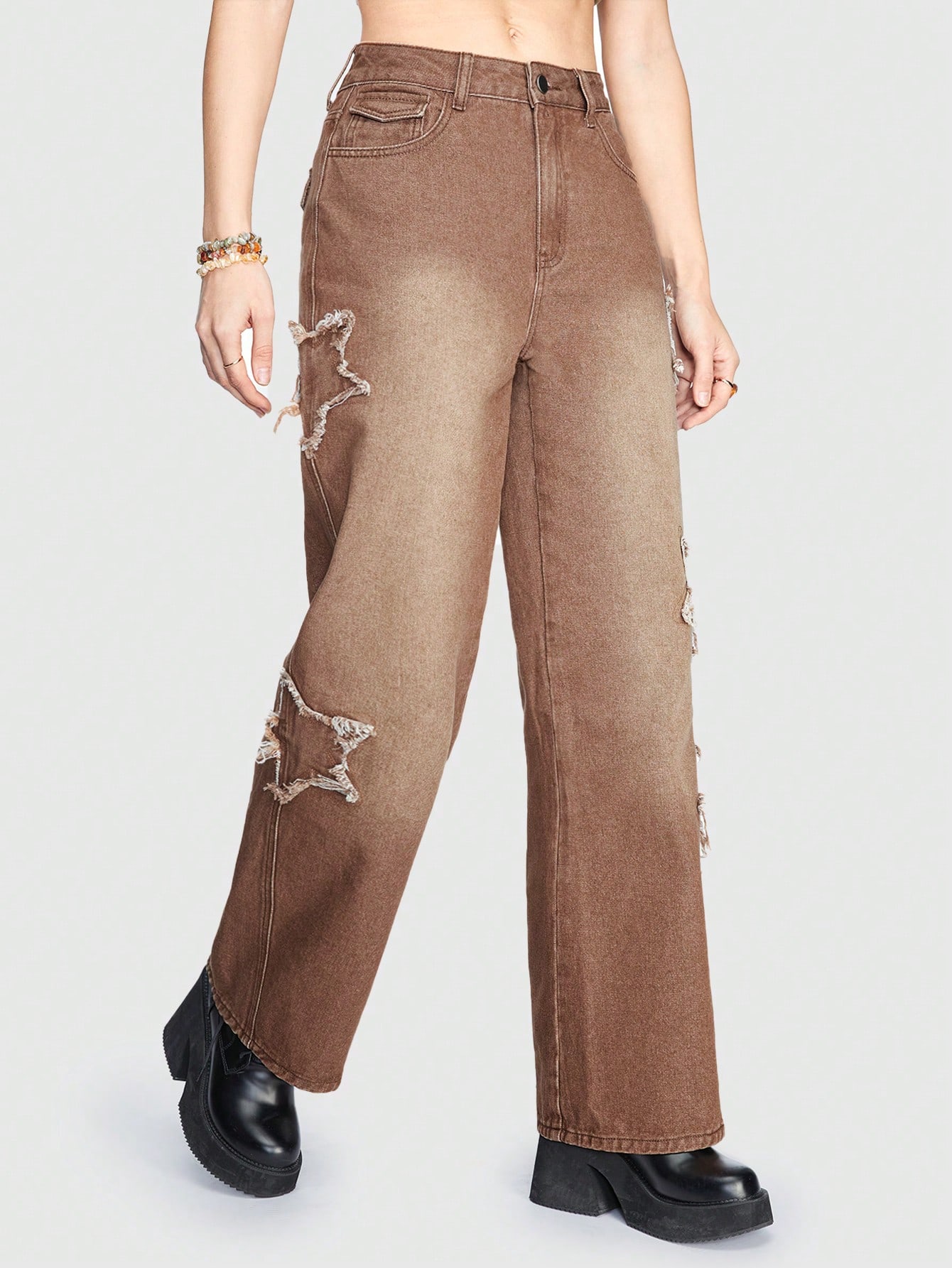 Fairycore Women'S Star Printed Straight Leg Jeans With Fringed Hem
