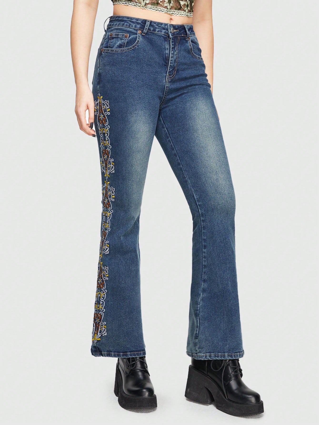 Goth Women's Embroidered Flare Jeans