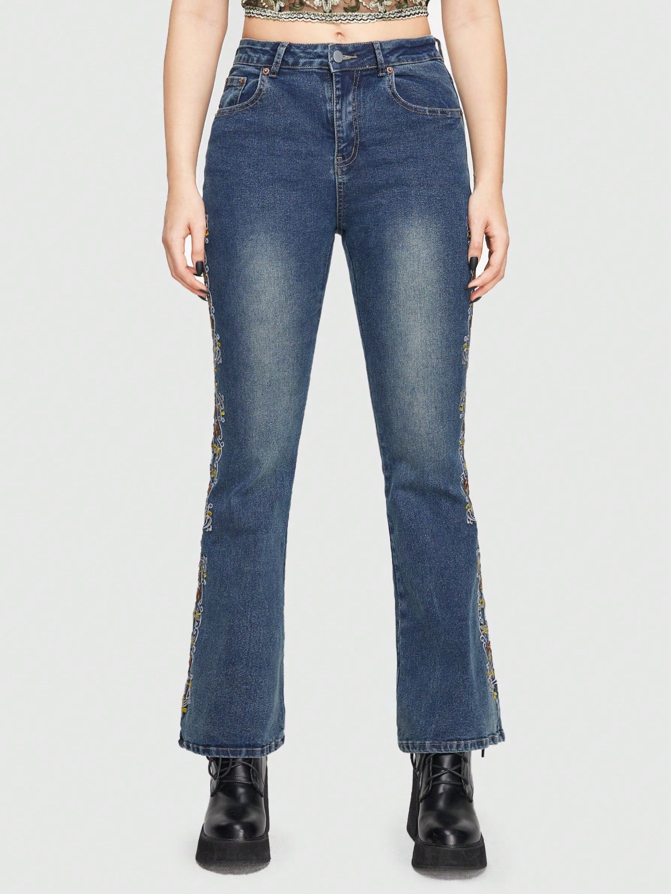Goth Women's Embroidered Flare Jeans