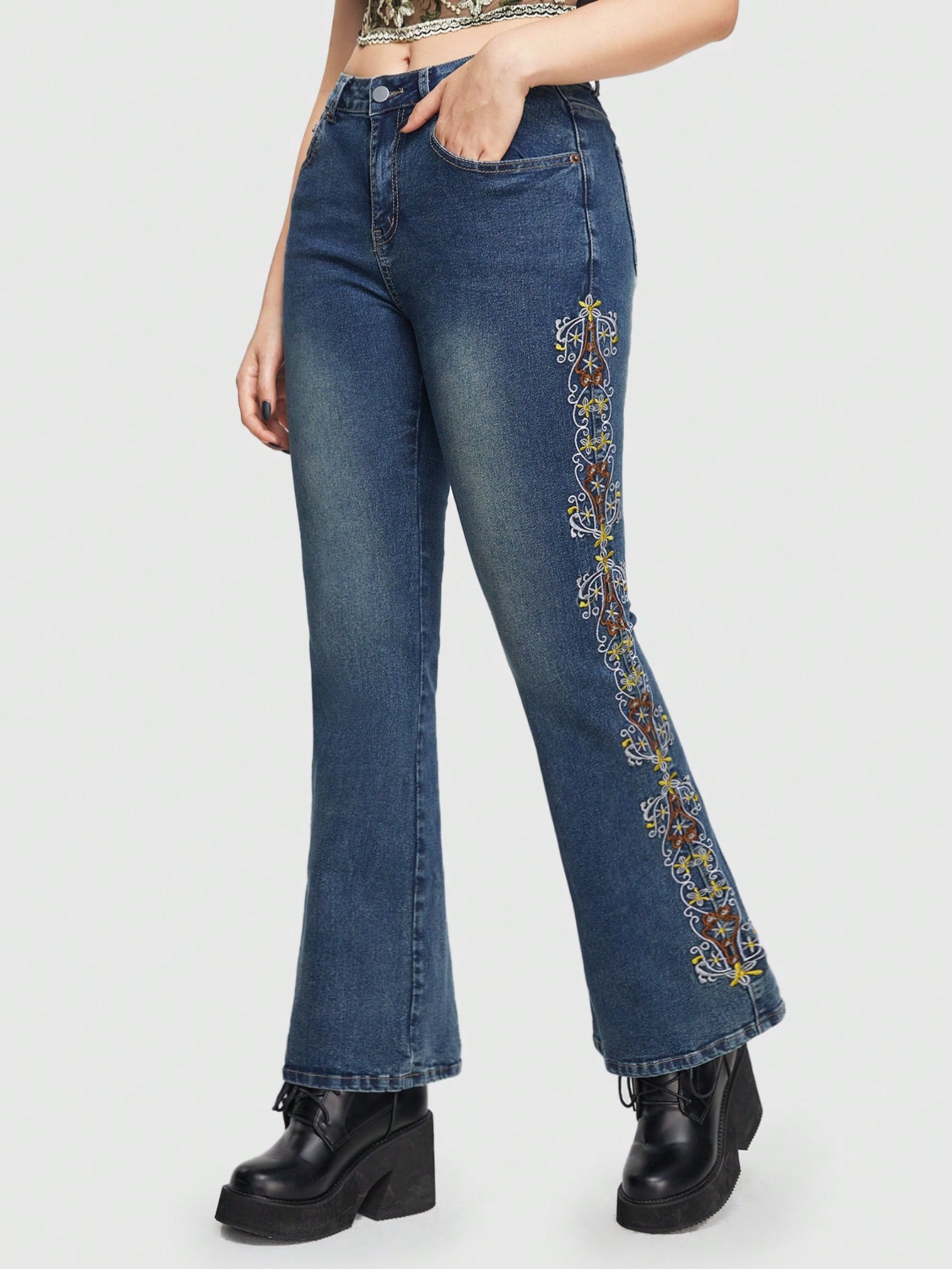 Goth Women's Embroidered Flare Jeans