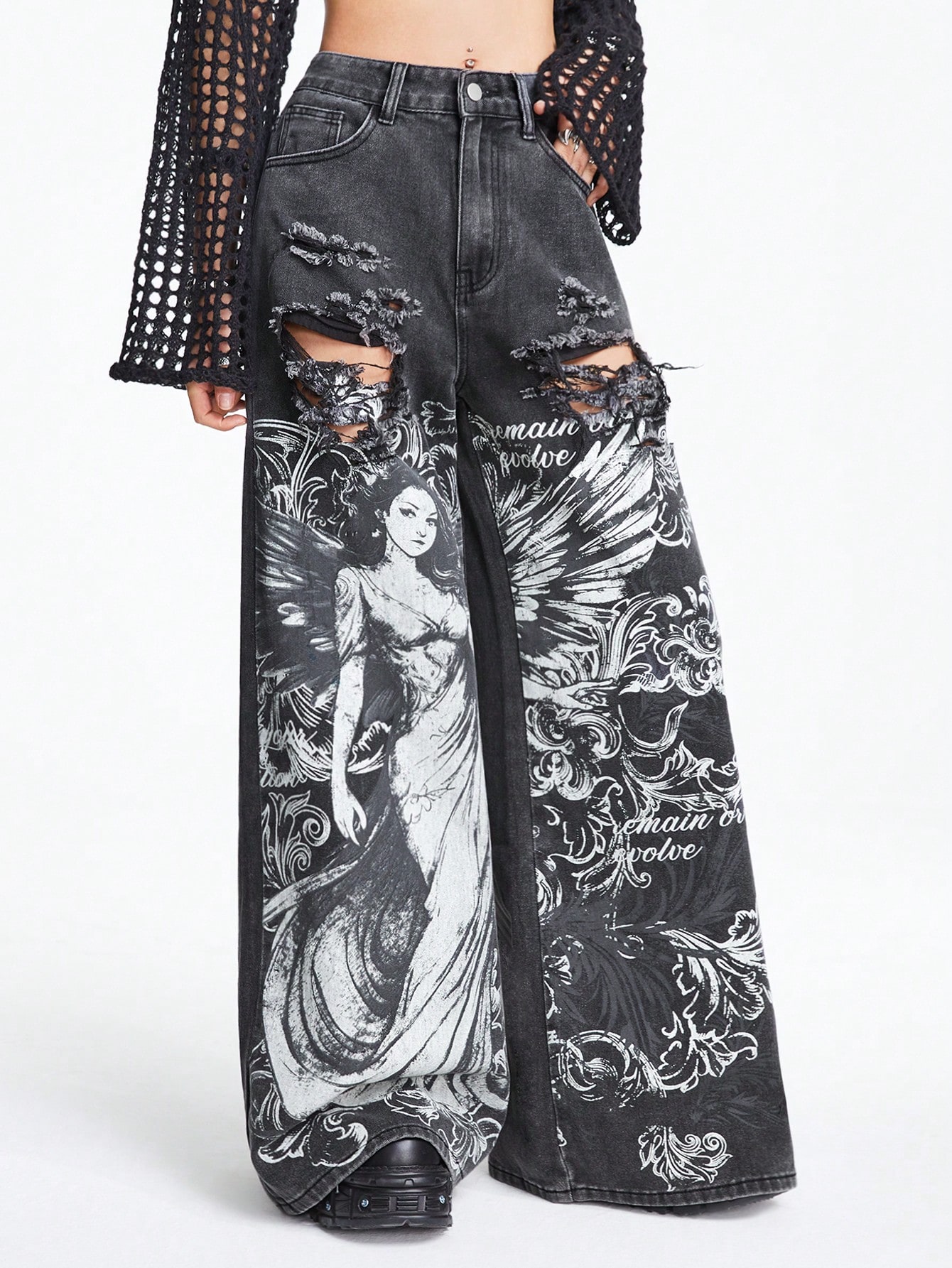 Goth Jeans With Character Print And Distressed Holes Design, School