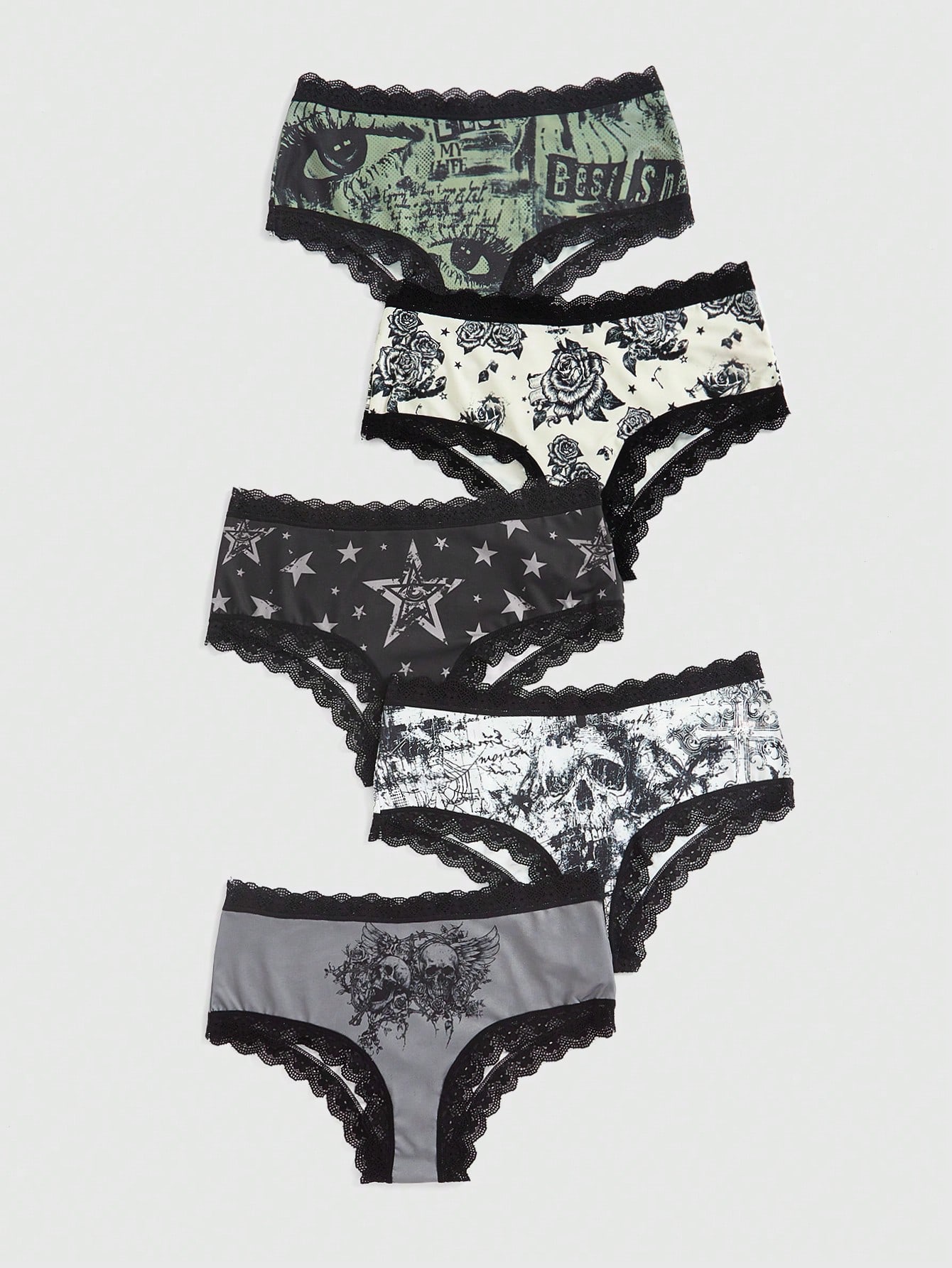 Grunge Punk 5pcs/Set Dark Punk Style Lace Trim Triangle Panties With Printed Roses, Skulls, Stars, Eyes, Wings