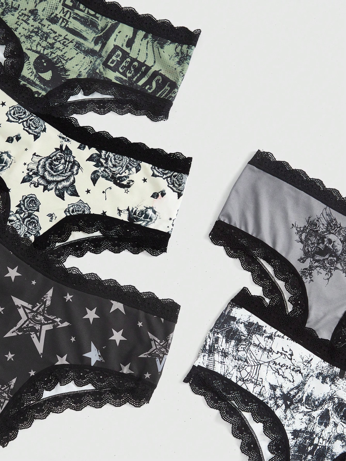 Grunge Punk 5pcs/Set Dark Punk Style Lace Trim Triangle Panties With Printed Roses, Skulls, Stars, Eyes, Wings