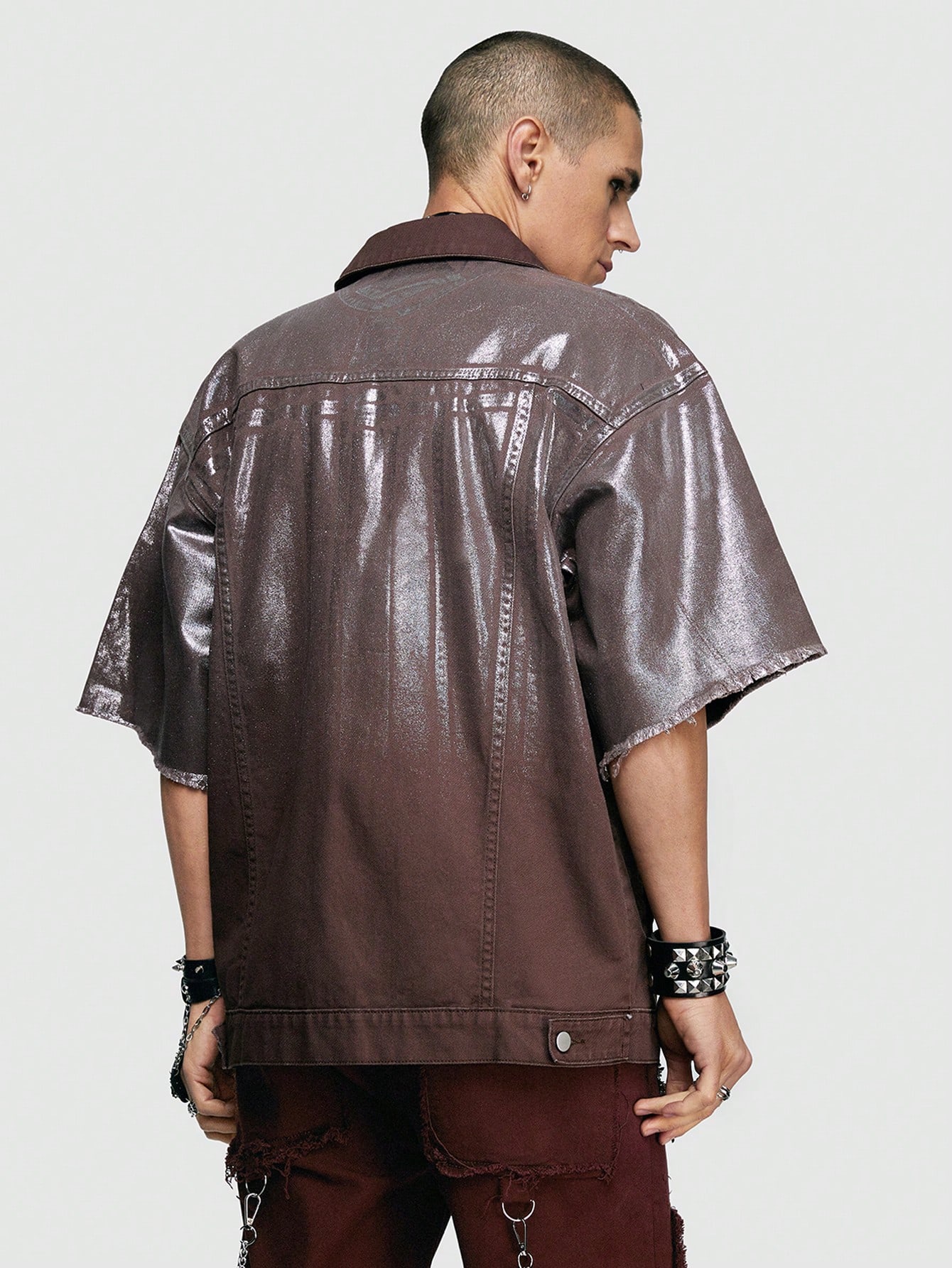 Grunge Punk Men's Denim Jacket With Glossy Finish And Frayed Cuffs