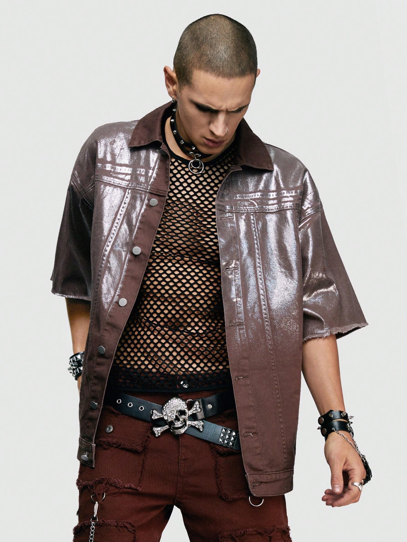 Grunge Punk Men's Denim Jacket With Glossy Finish And Frayed Cuffs