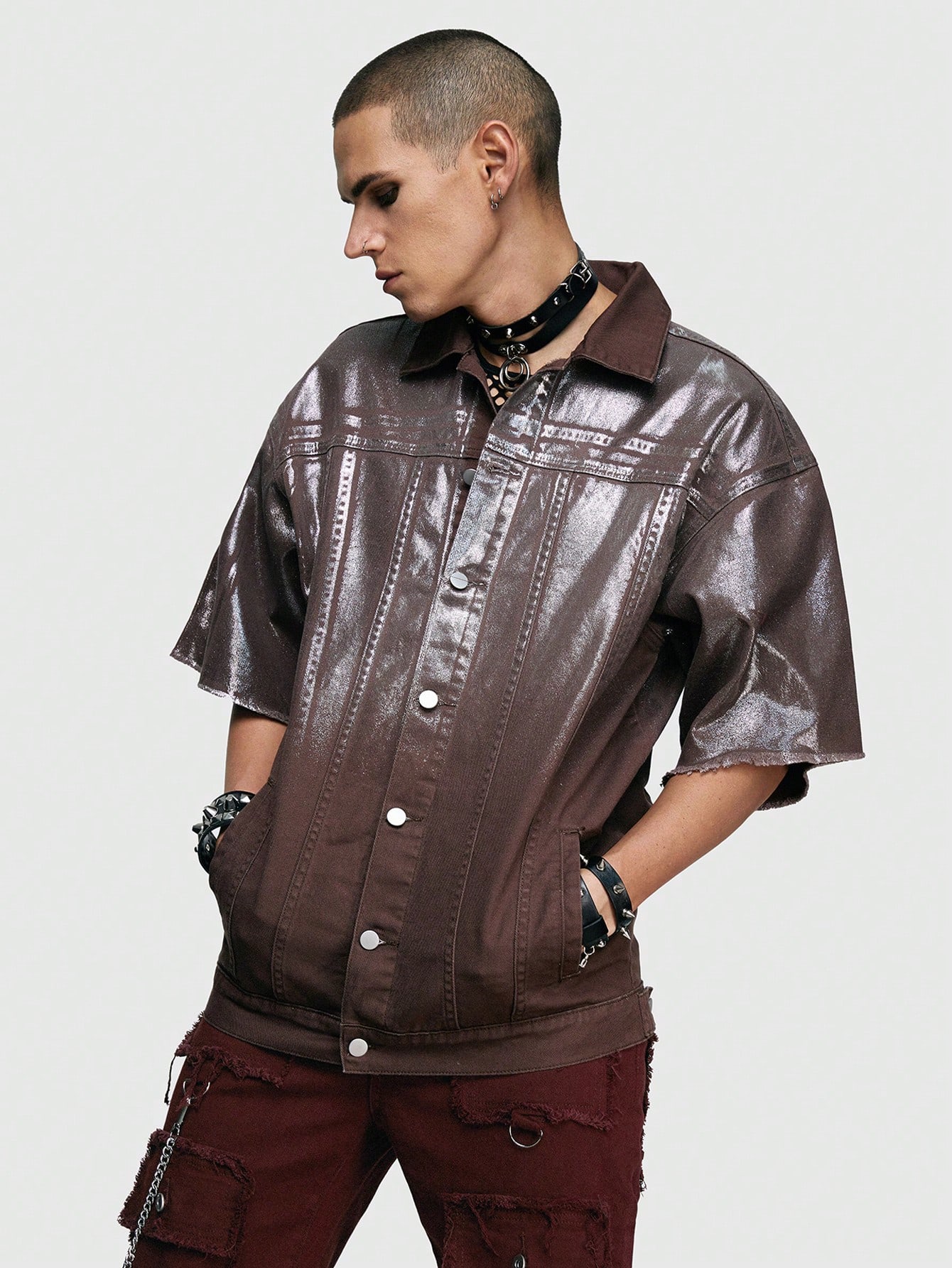 Grunge Punk Men's Denim Jacket With Glossy Finish And Frayed Cuffs