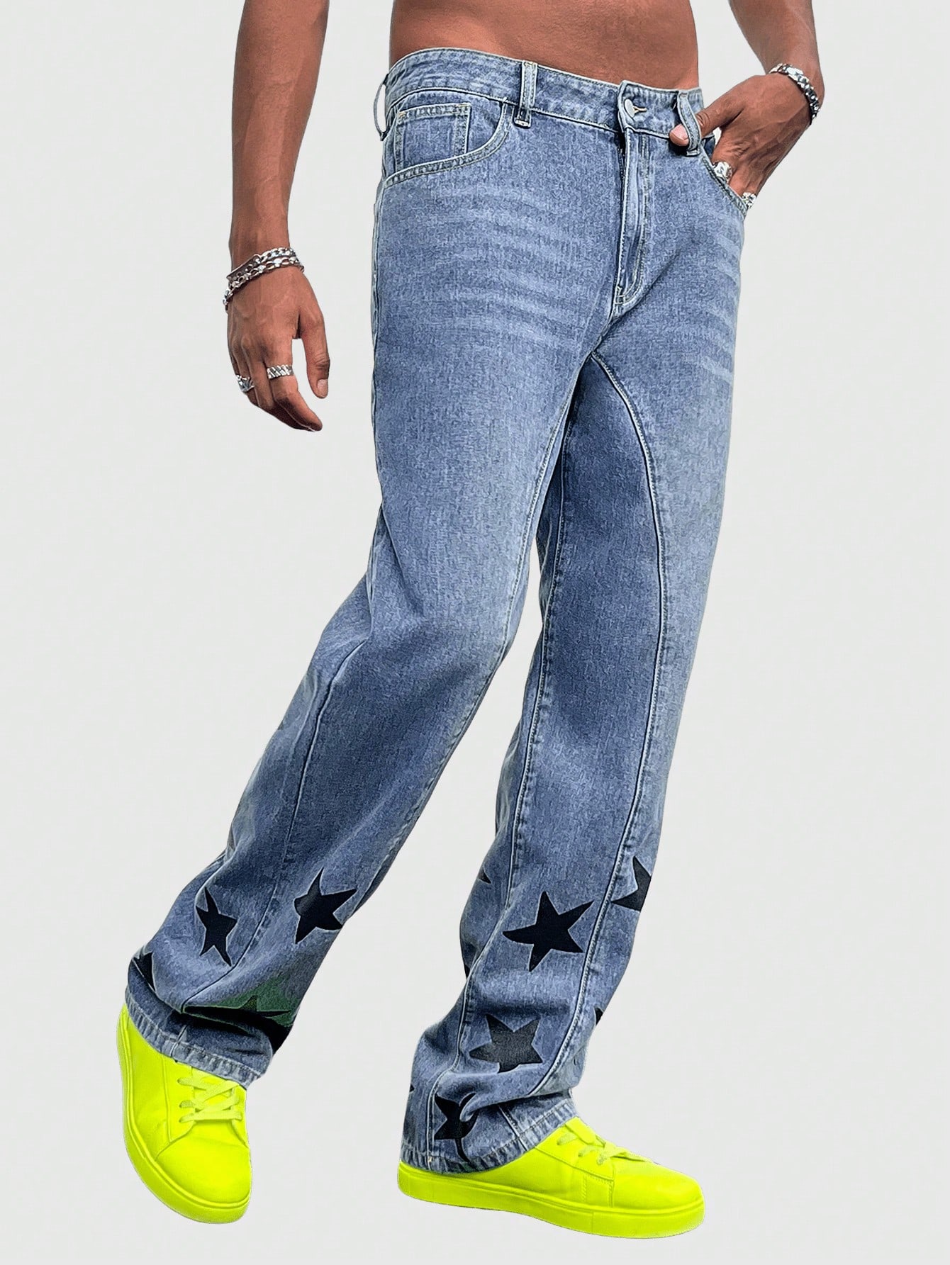 Street Life Men'S Star Pattern Printed Straight Leg Jeans