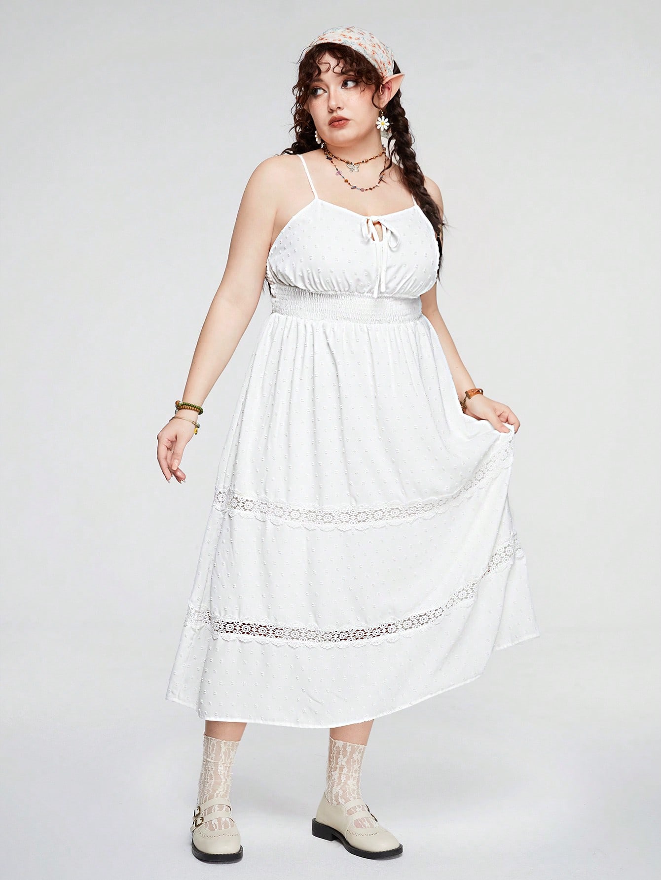 Fairycore Plus Size Women's Ruffled Hemline Spaghetti Strap Dresses With Cinching Waist