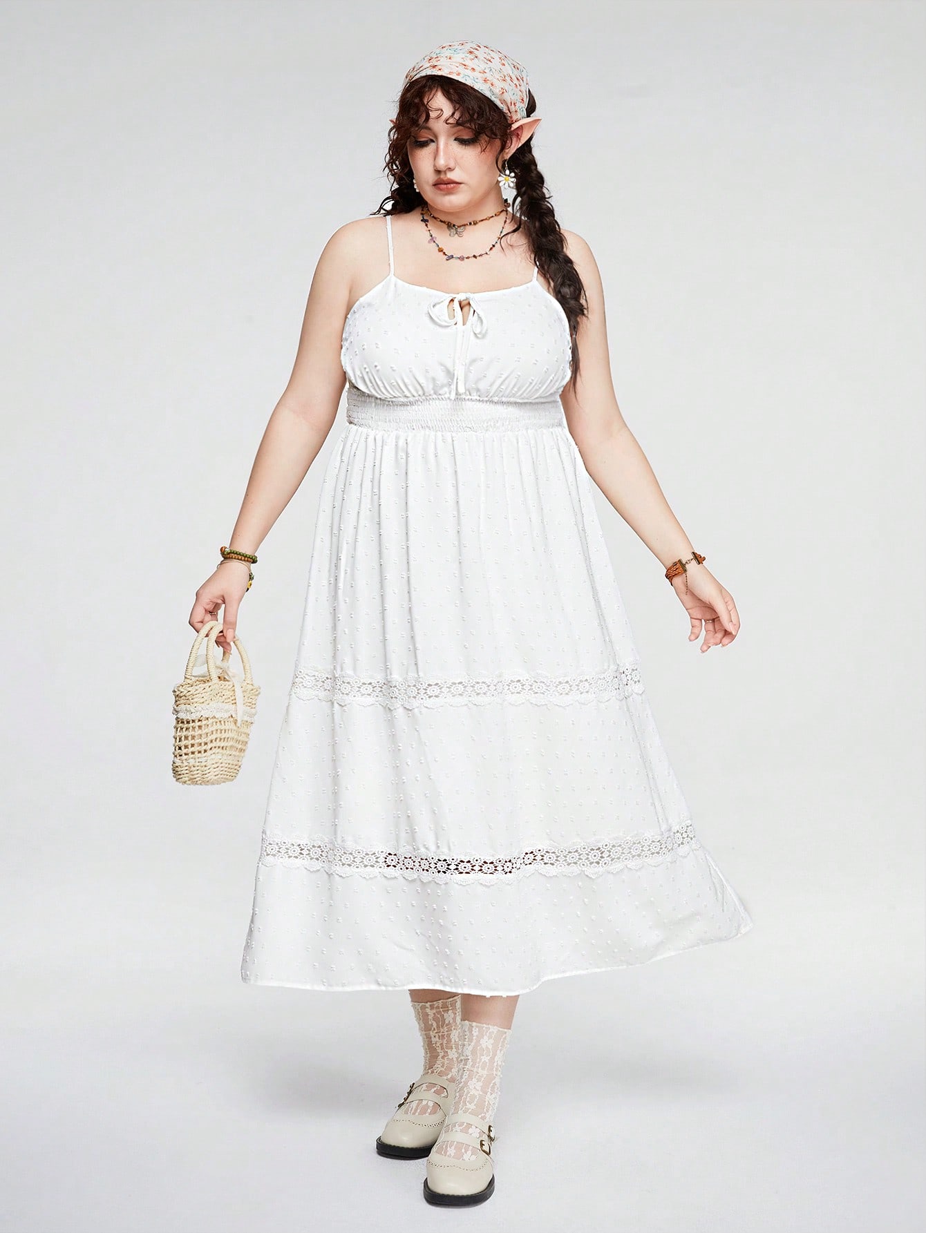 Fairycore Plus Size Women's Ruffled Hemline Spaghetti Strap Dresses With Cinching Waist