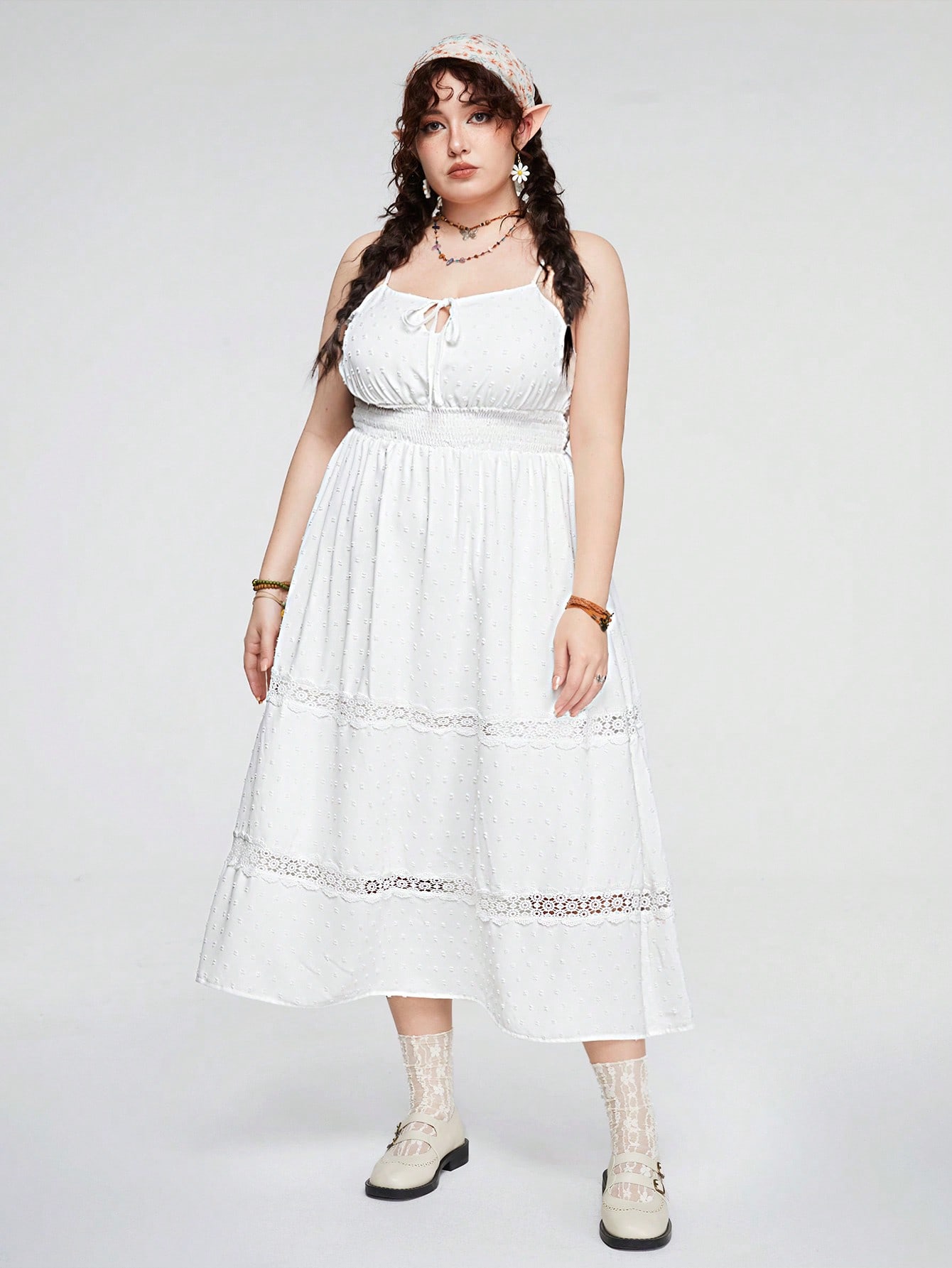 Fairycore Plus Size Women's Ruffled Hemline Spaghetti Strap Dresses With Cinching Waist
