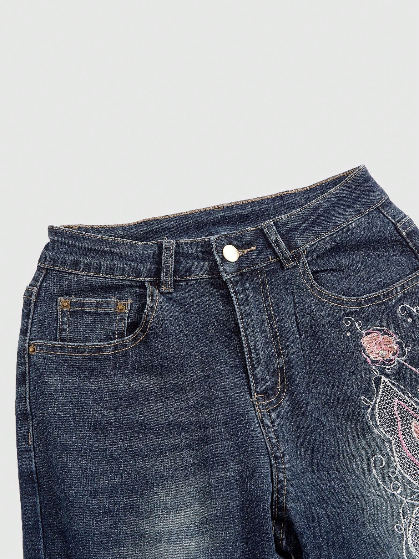 Goth Vintage Y2K Butterfly Rose Jacquard Embroidered Women Low Waist Slim Fit Flare Denim Jeans, School