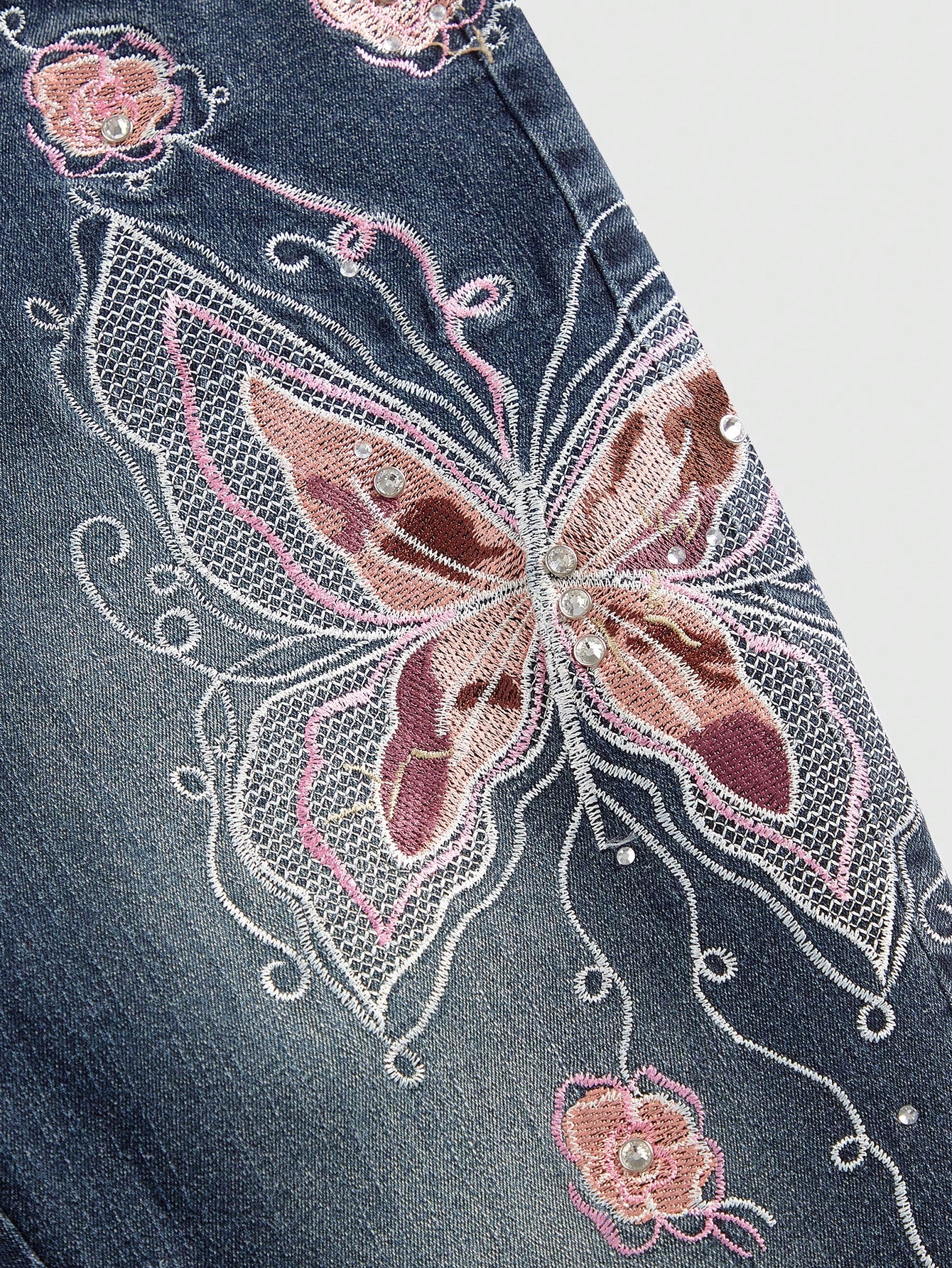 Goth Vintage Y2K Butterfly Rose Jacquard Embroidered Women Low Waist Slim Fit Flare Denim Jeans, School