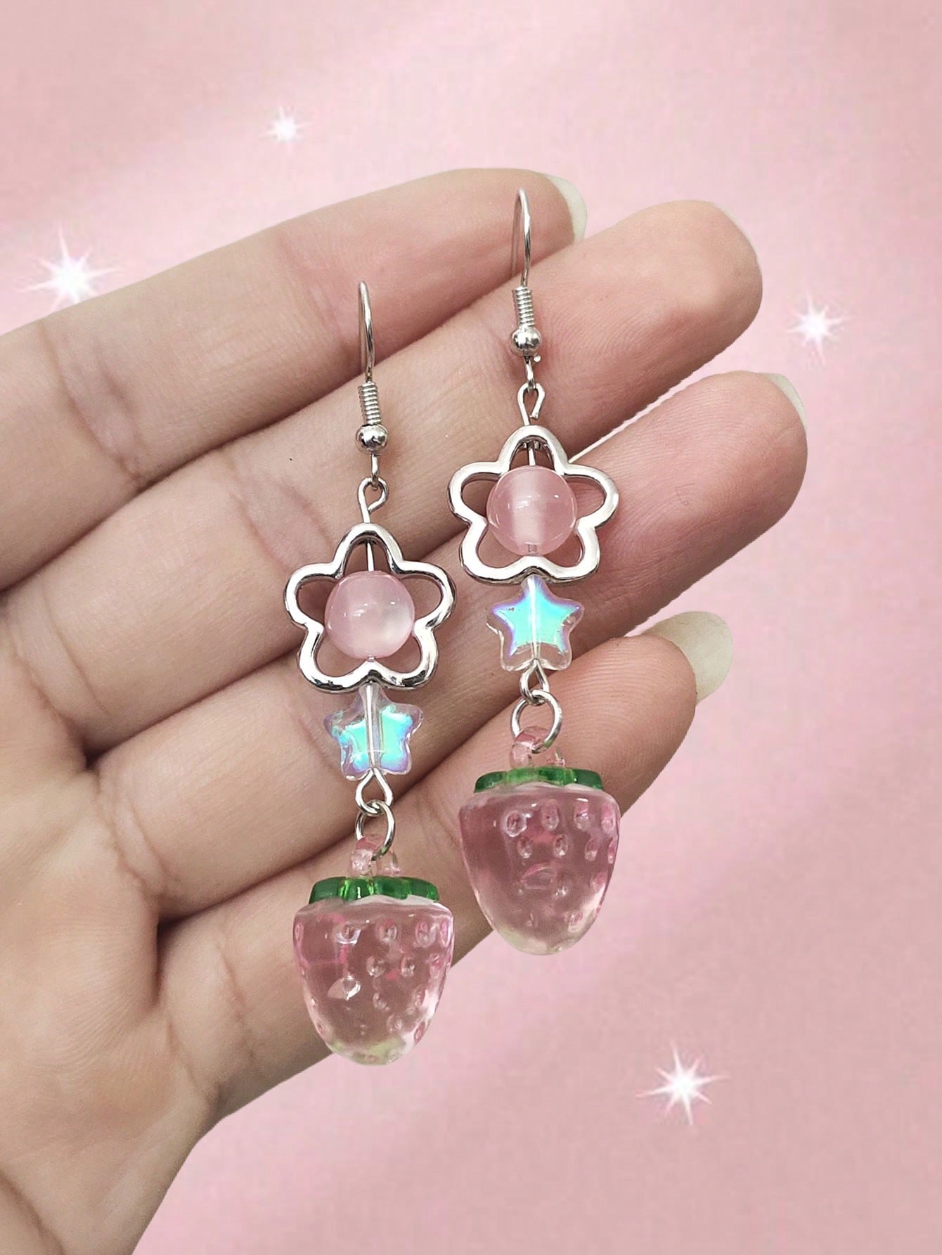 Kawaii Cute Polymer Clay Beaded Star, Strawberry Shaped Pendant Earrings Jewelry Gift