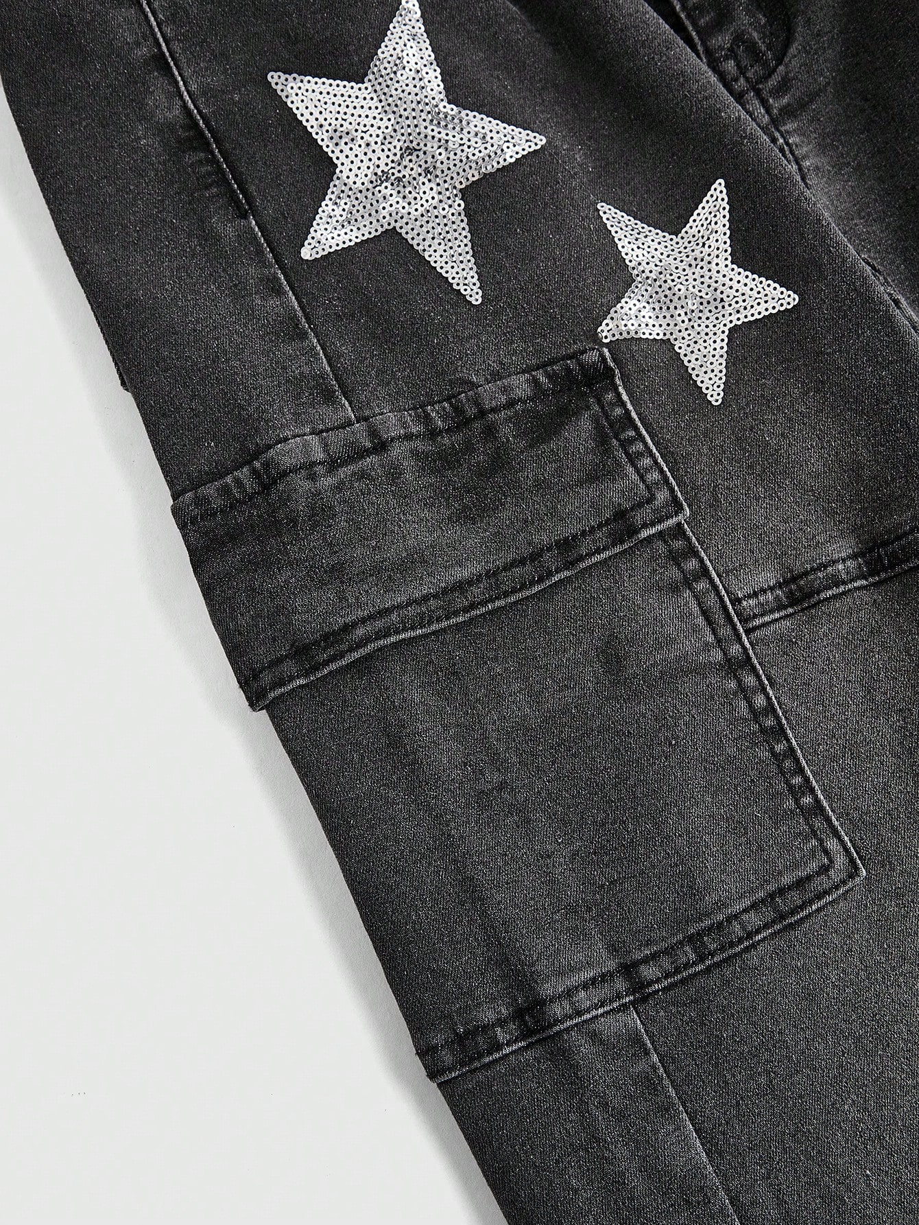 Grunge Punk Vintage Black Star Sequin Embroidery Pleated Elastic Skinny Jeans With Pockets