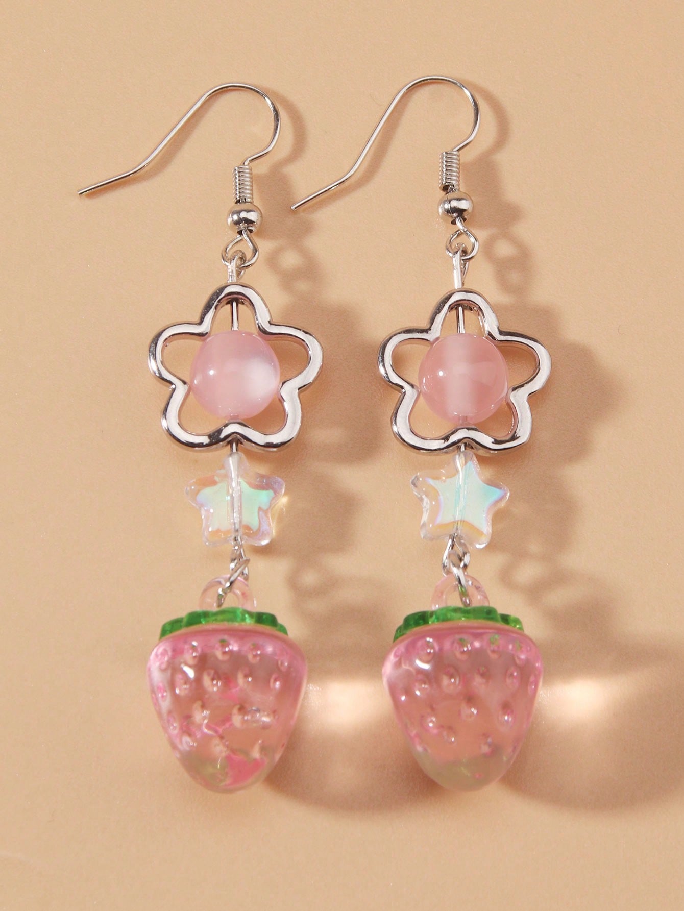 Kawaii Cute Polymer Clay Beaded Star, Strawberry Shaped Pendant Earrings Jewelry Gift