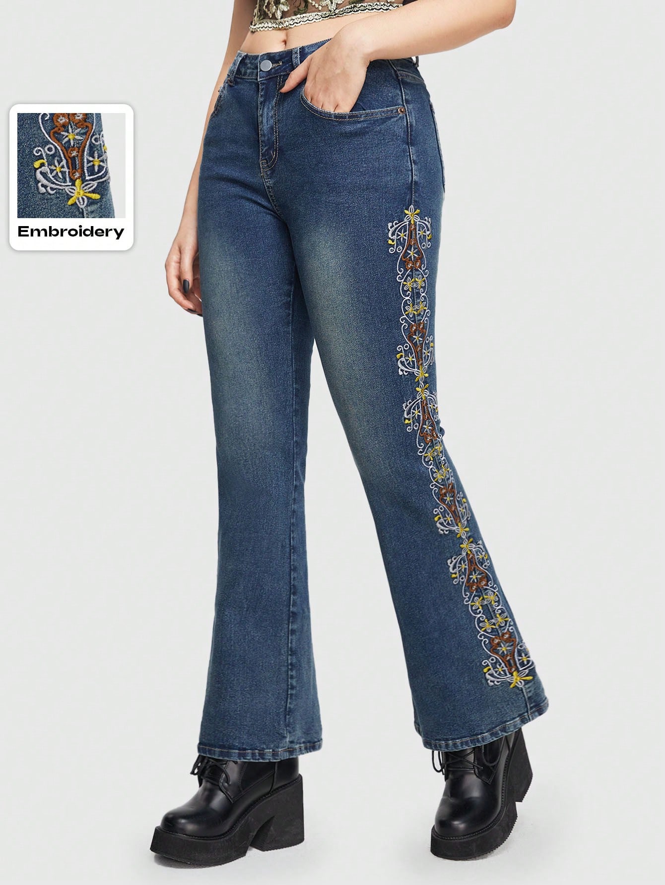 Goth Women's Embroidered Flare Jeans