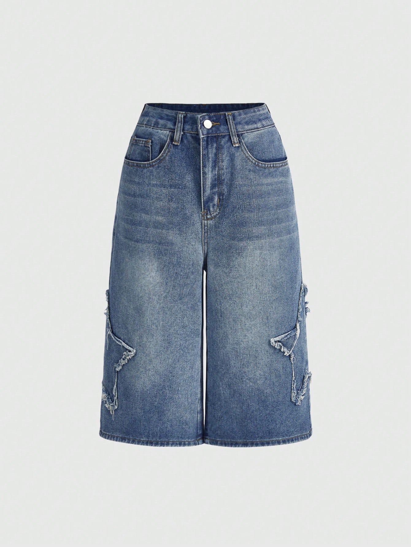 Grunge Punk Plus Size Star Pattern Frayed Edge Casual Daily Match Denim Shorts, School