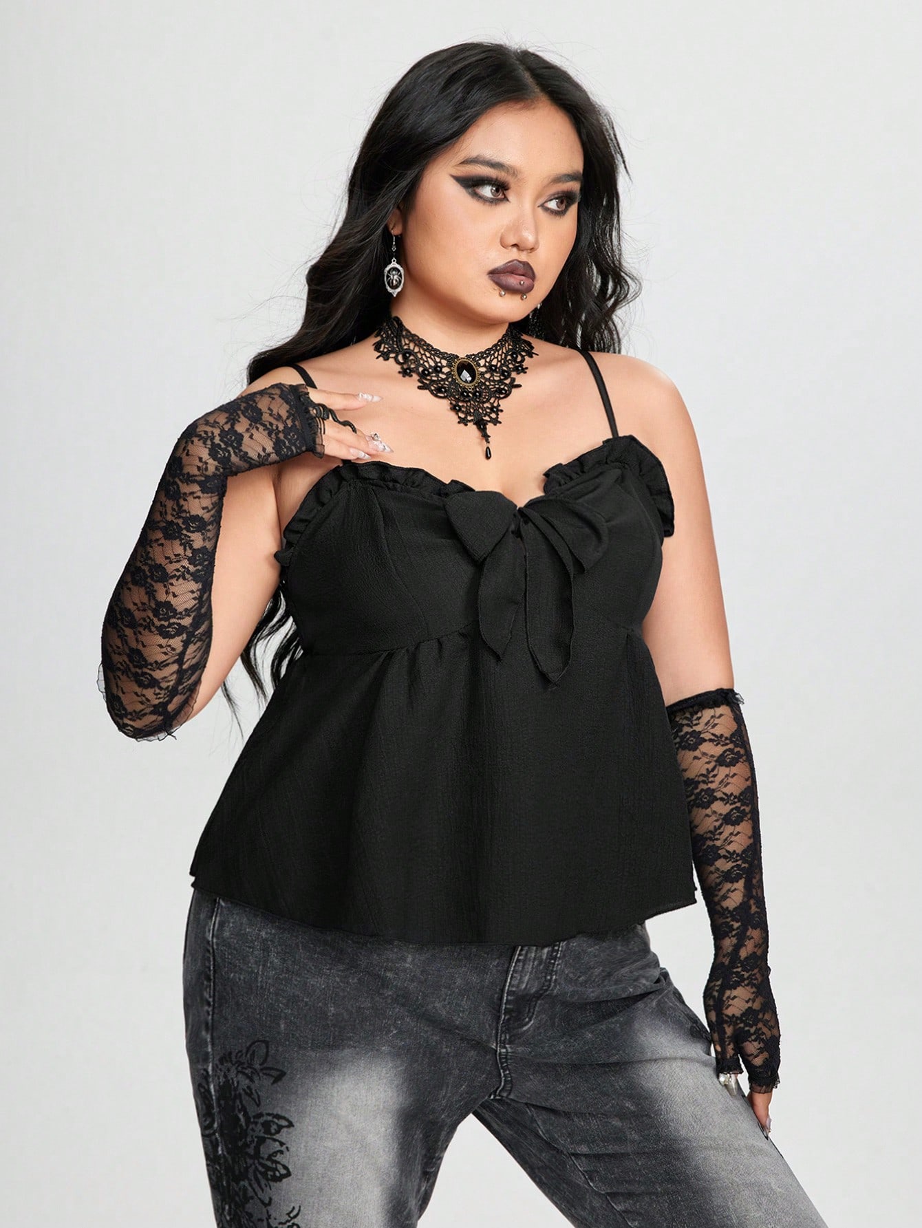 Goth Plus Frill Trim Knot Front Cami Top