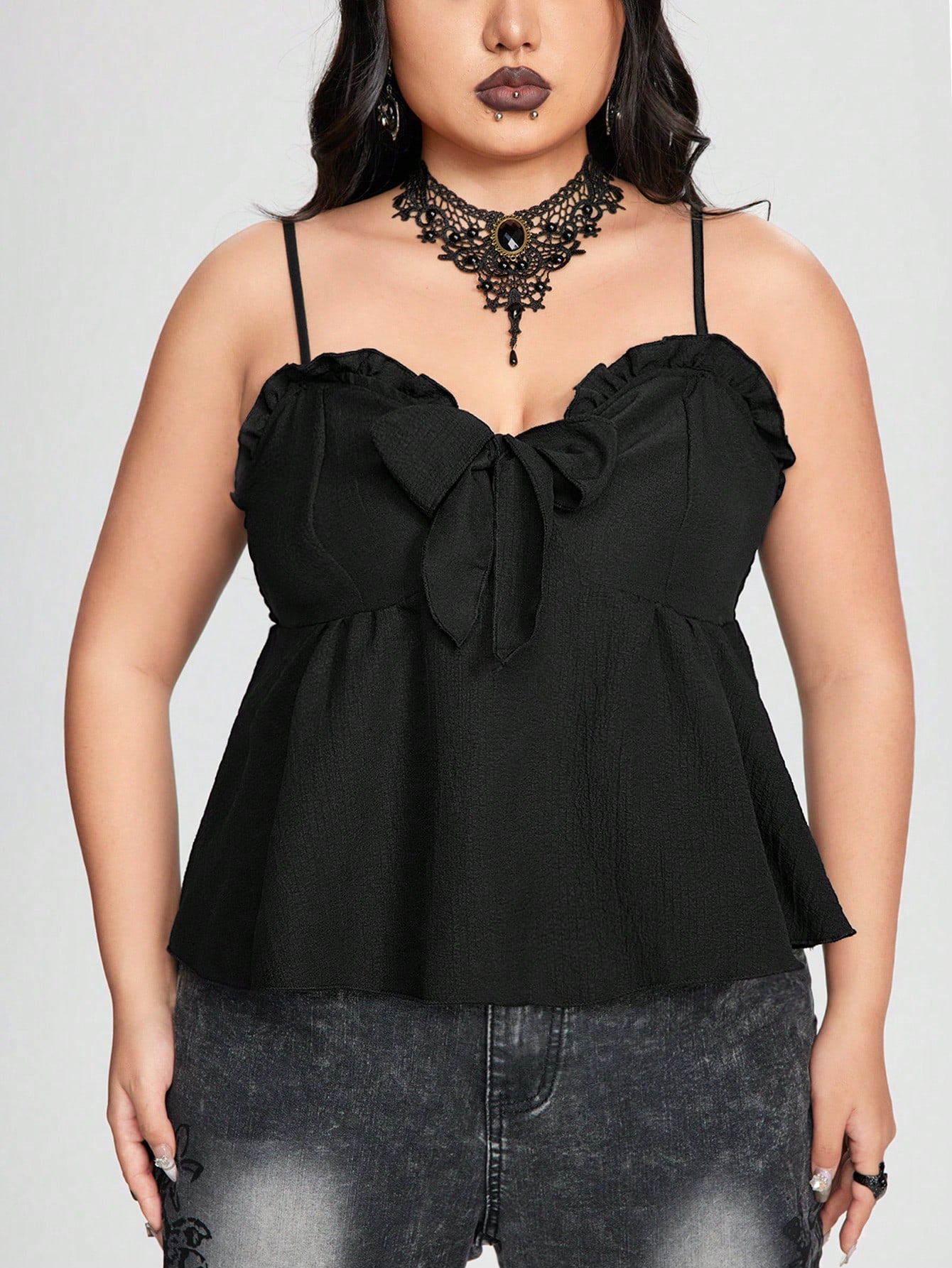 Goth Plus Frill Trim Knot Front Cami Top
