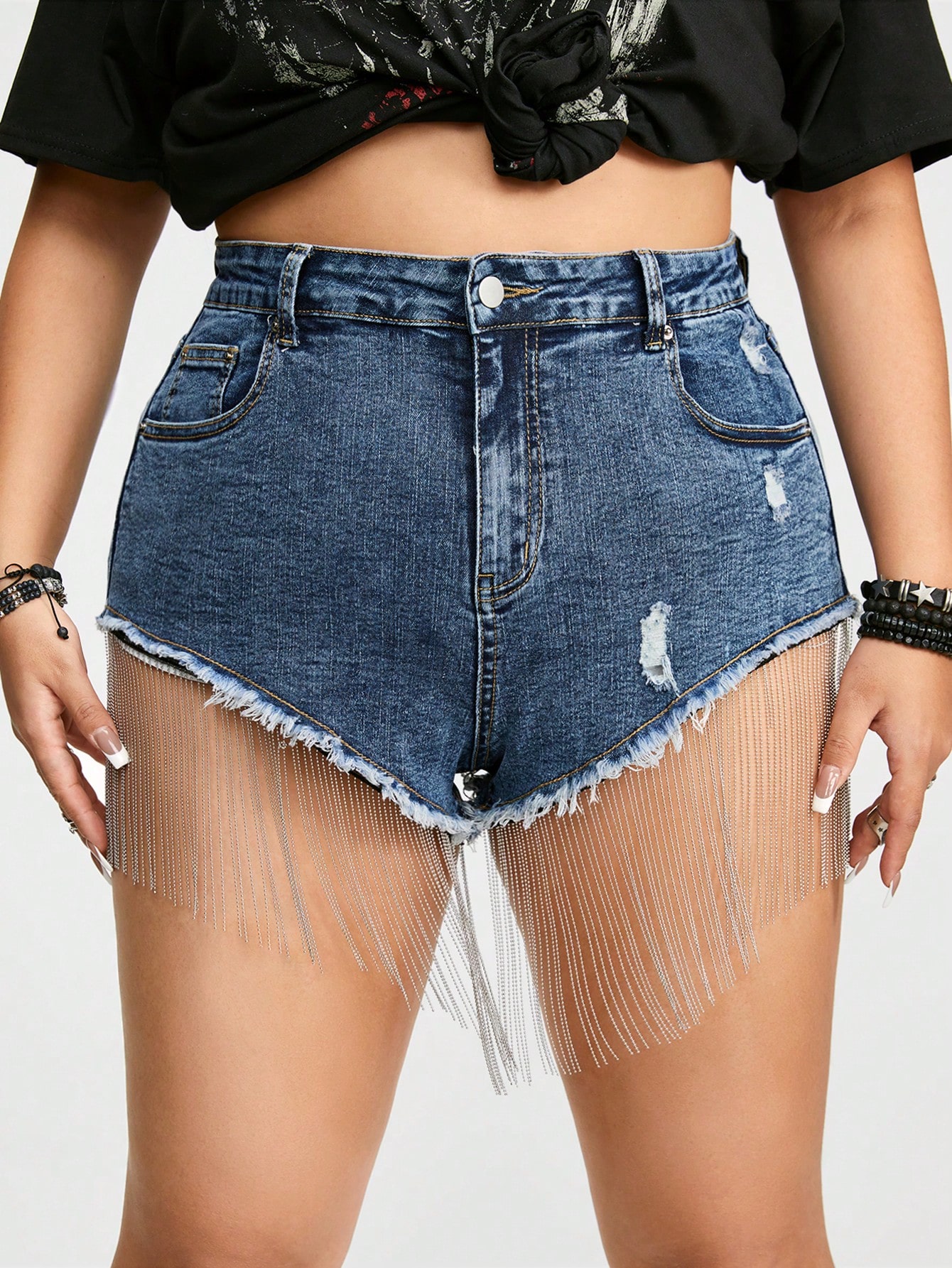 Grunge Punk Plus Size Women's Fashionable Fringed Hem Denim Shorts