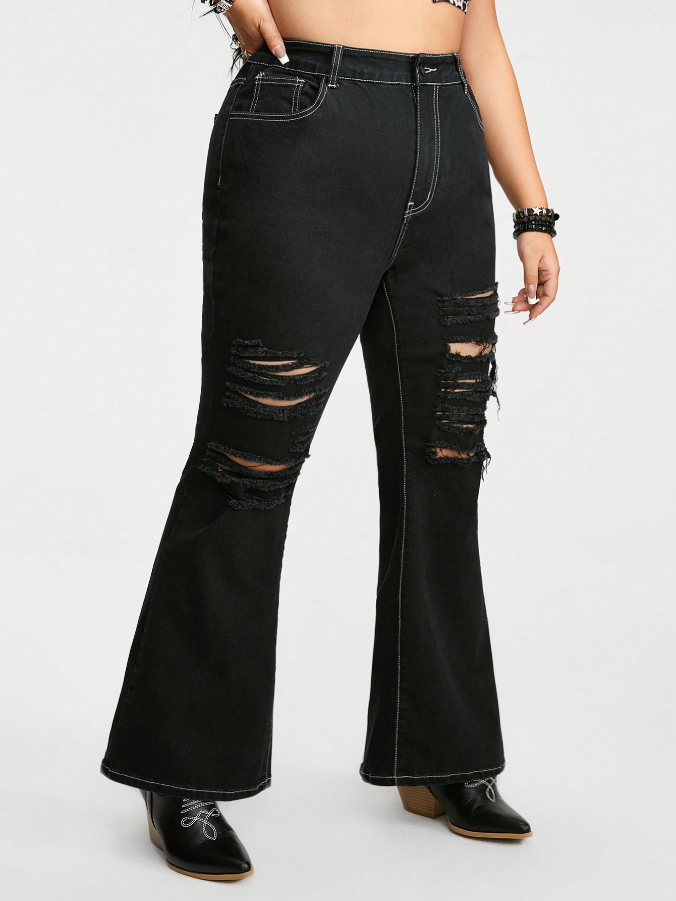 Grunge Punk Plus Size Distressed Flared Denim Pants