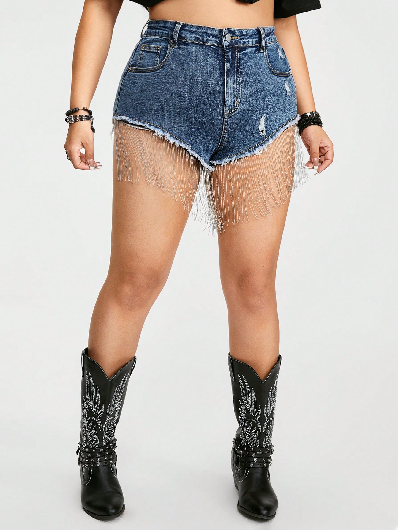Grunge Punk Plus Size Women's Fashionable Fringed Hem Denim Shorts