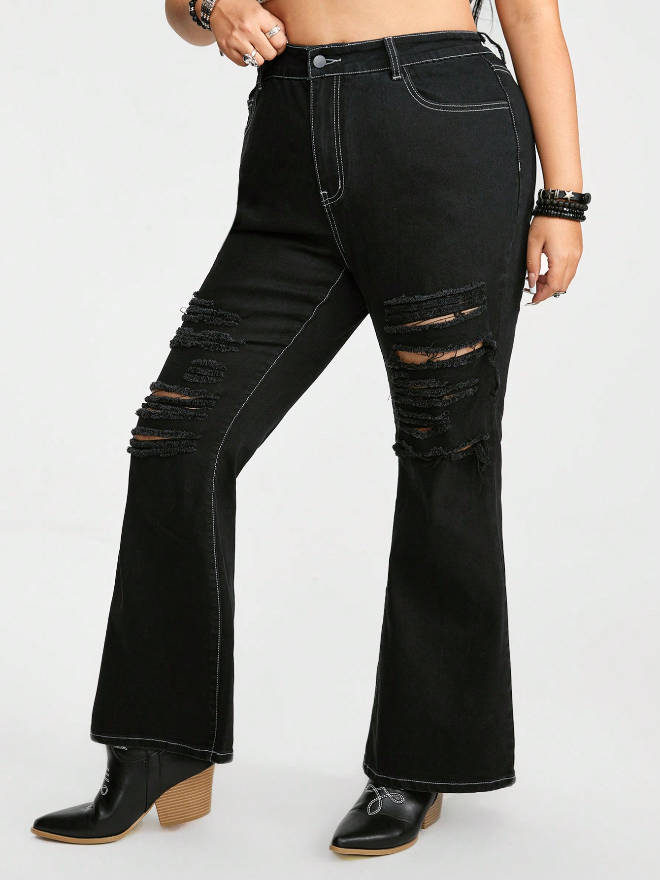 Grunge Punk Plus Size Distressed Flared Denim Pants