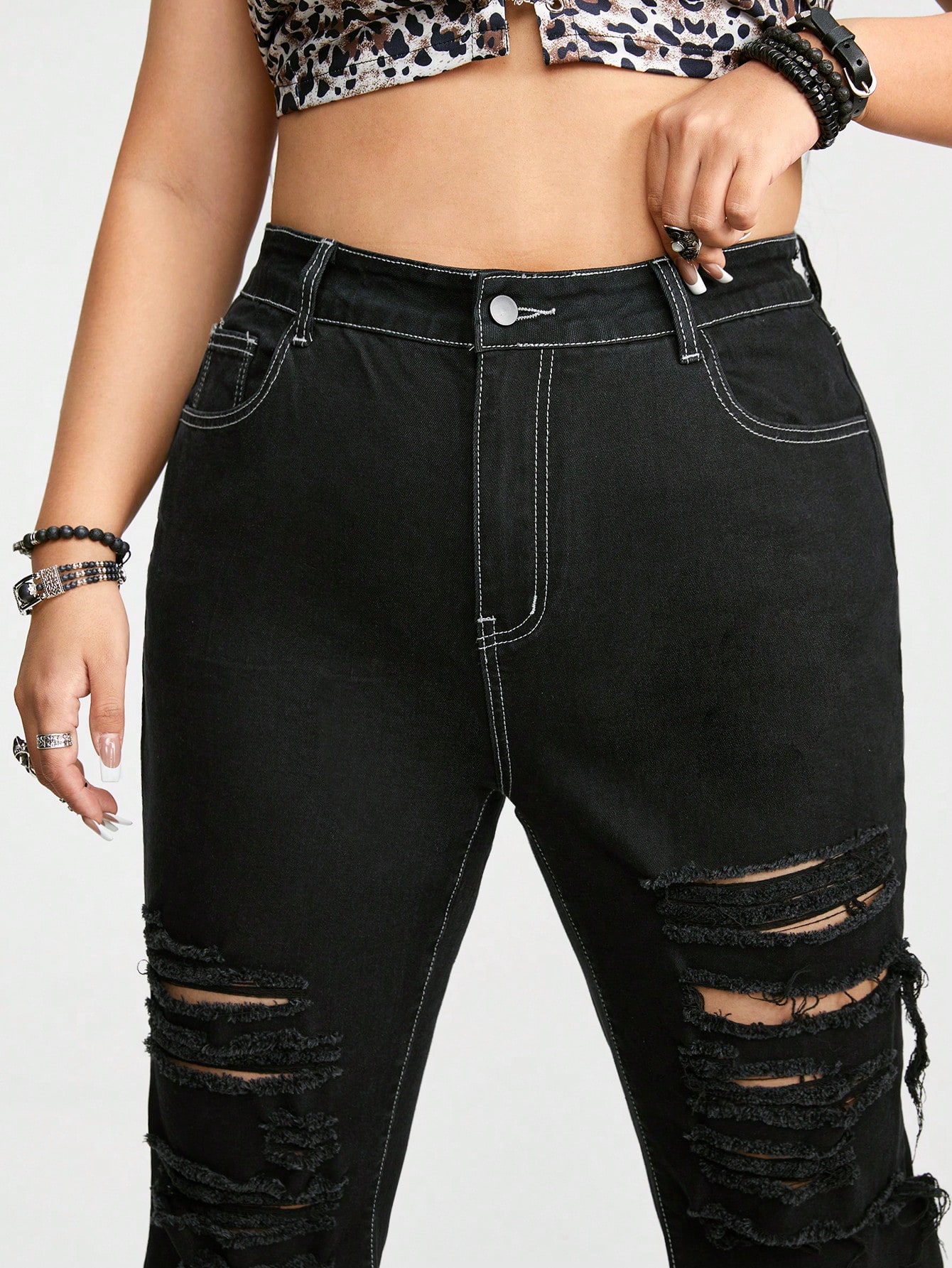 Grunge Punk Plus Size Distressed Flared Denim Pants