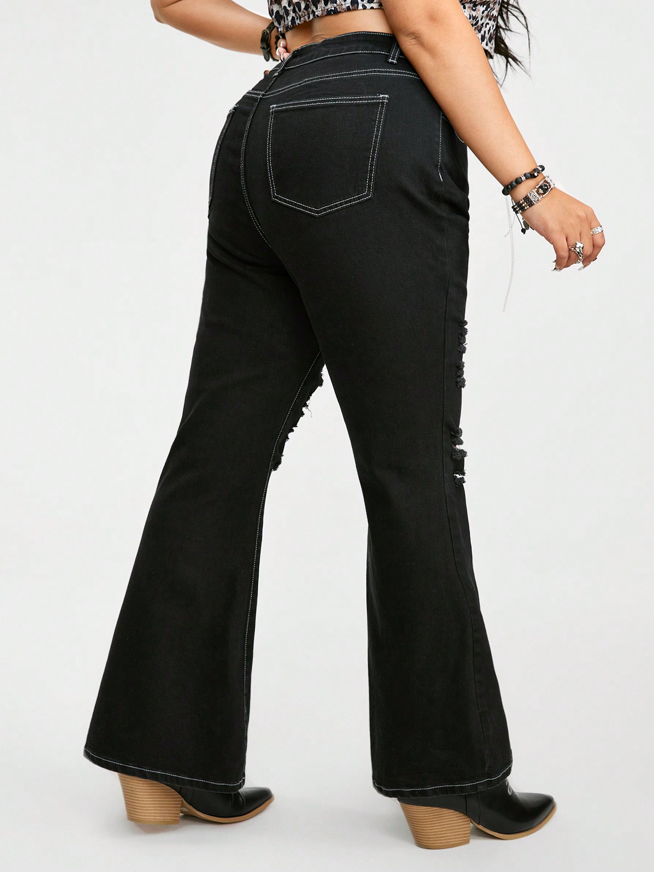 Grunge Punk Plus Size Distressed Flared Denim Pants