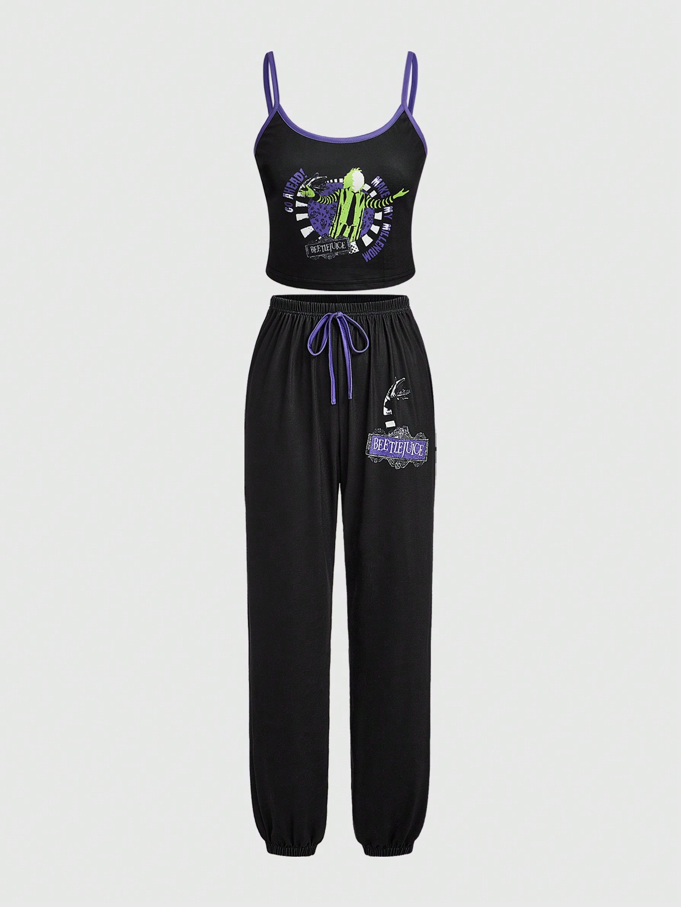 Beetlejuice | ROMWE Dark Gothic Horror Movie Patterned Cami Top & Pants Pajama Set, School
