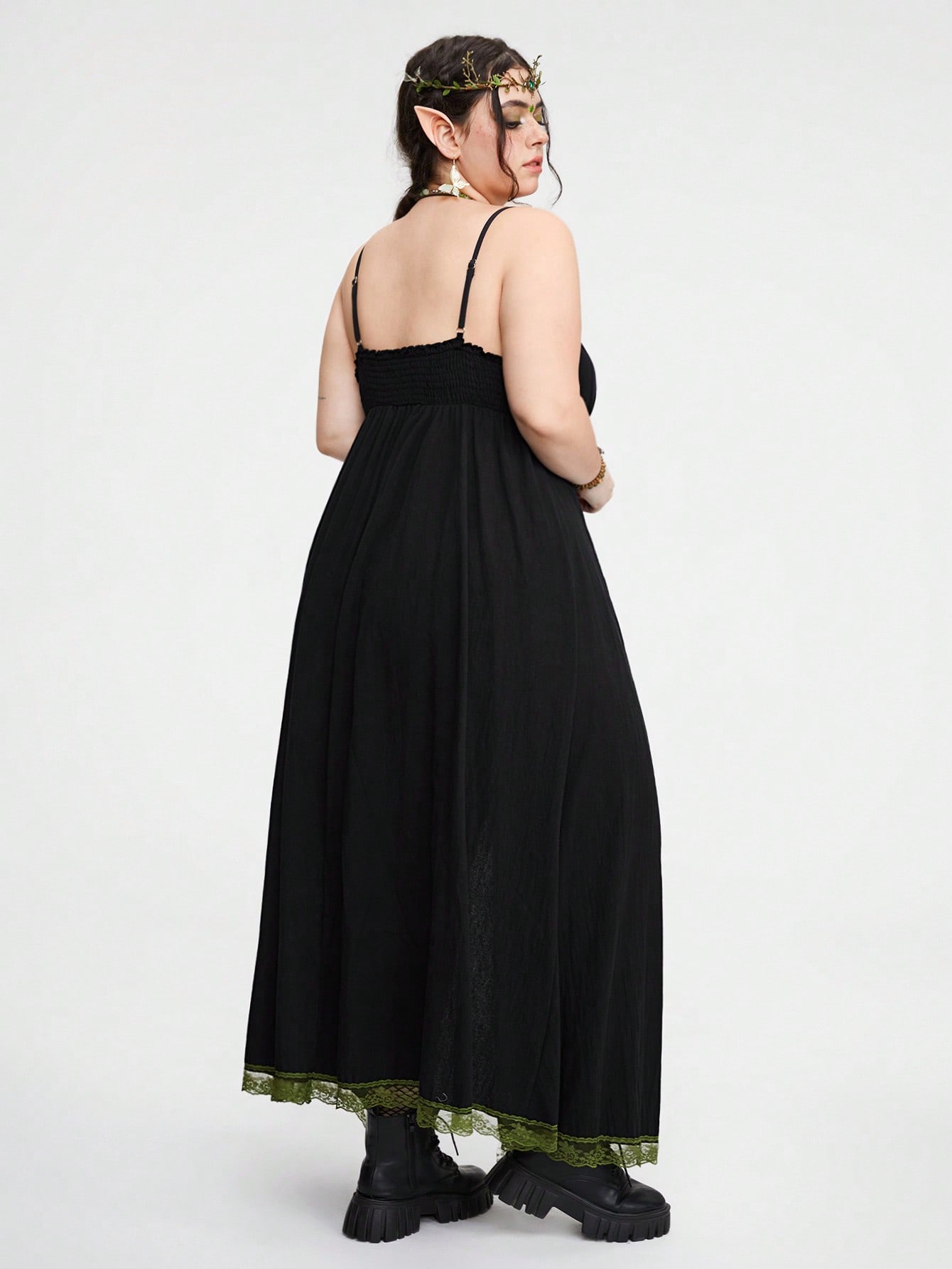 Fairycore Plus Size Lace Trimmed Drawstring Cami Dress