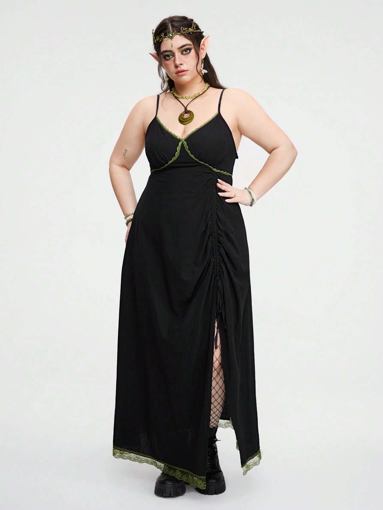 Fairycore Plus Size Lace Trimmed Drawstring Cami Dress