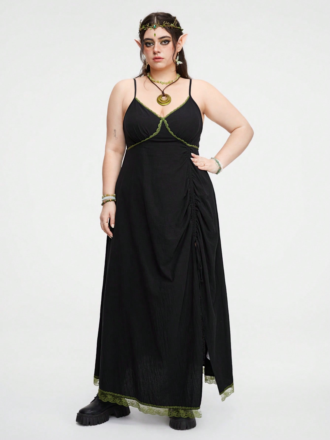 Fairycore Plus Size Lace Trimmed Drawstring Cami Dress