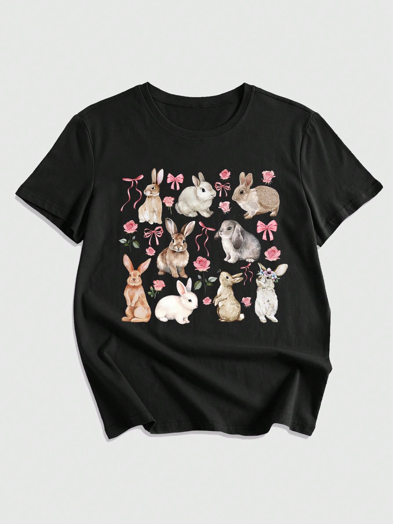 Kawaii Cute And Lovely Style Rabbit & Floral Print Women's Short Sleeve T-Shirt, School
