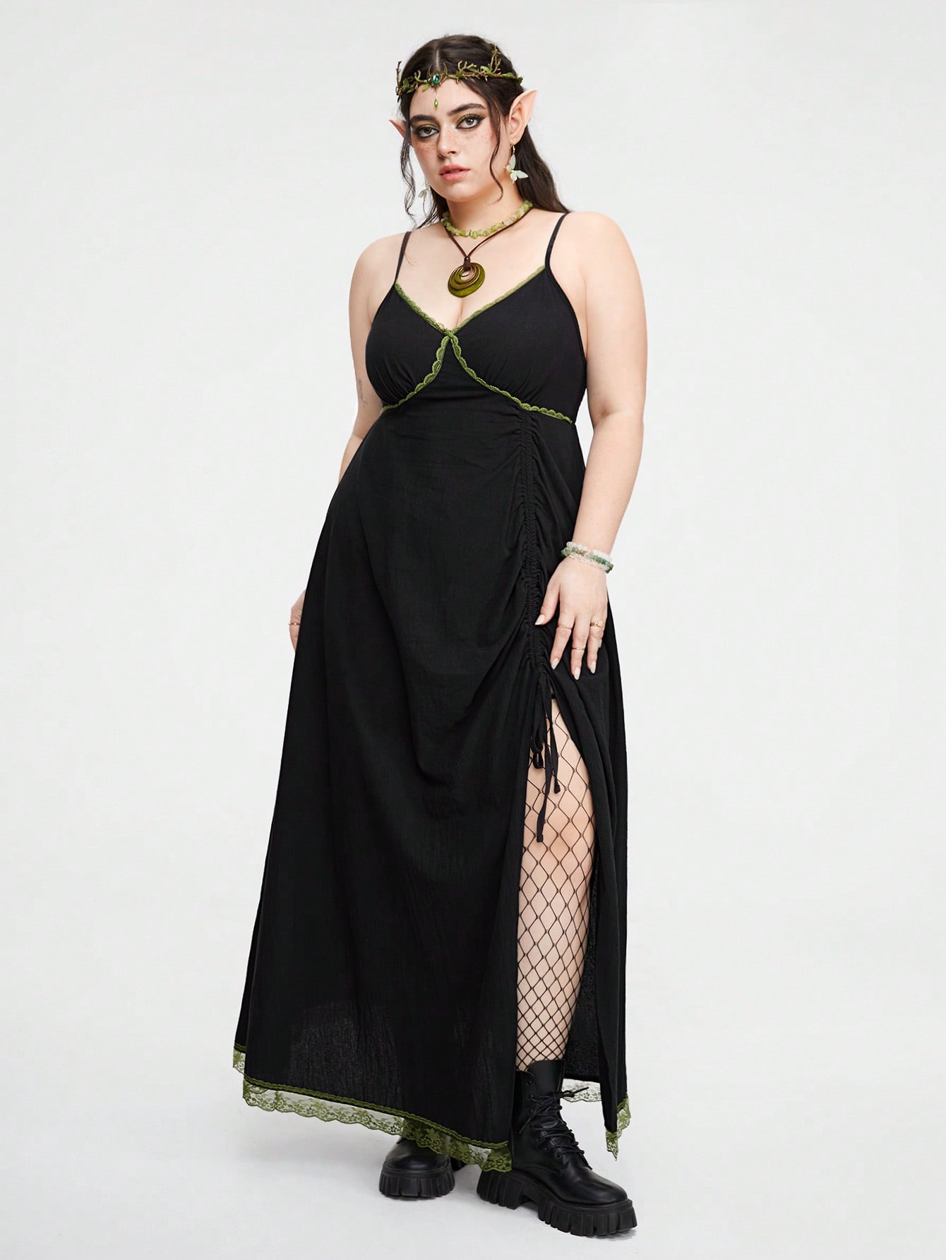 Fairycore Plus Size Lace Trimmed Drawstring Cami Dress