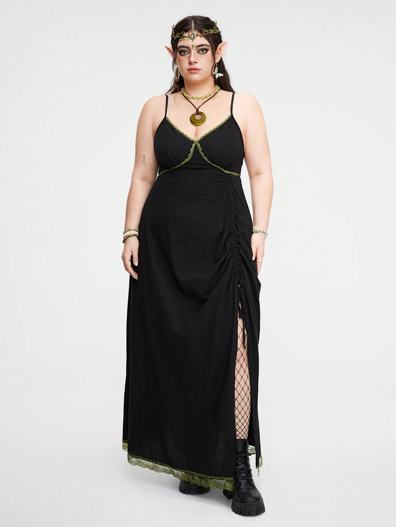 Fairycore Plus Size Lace Trimmed Drawstring Cami Dress