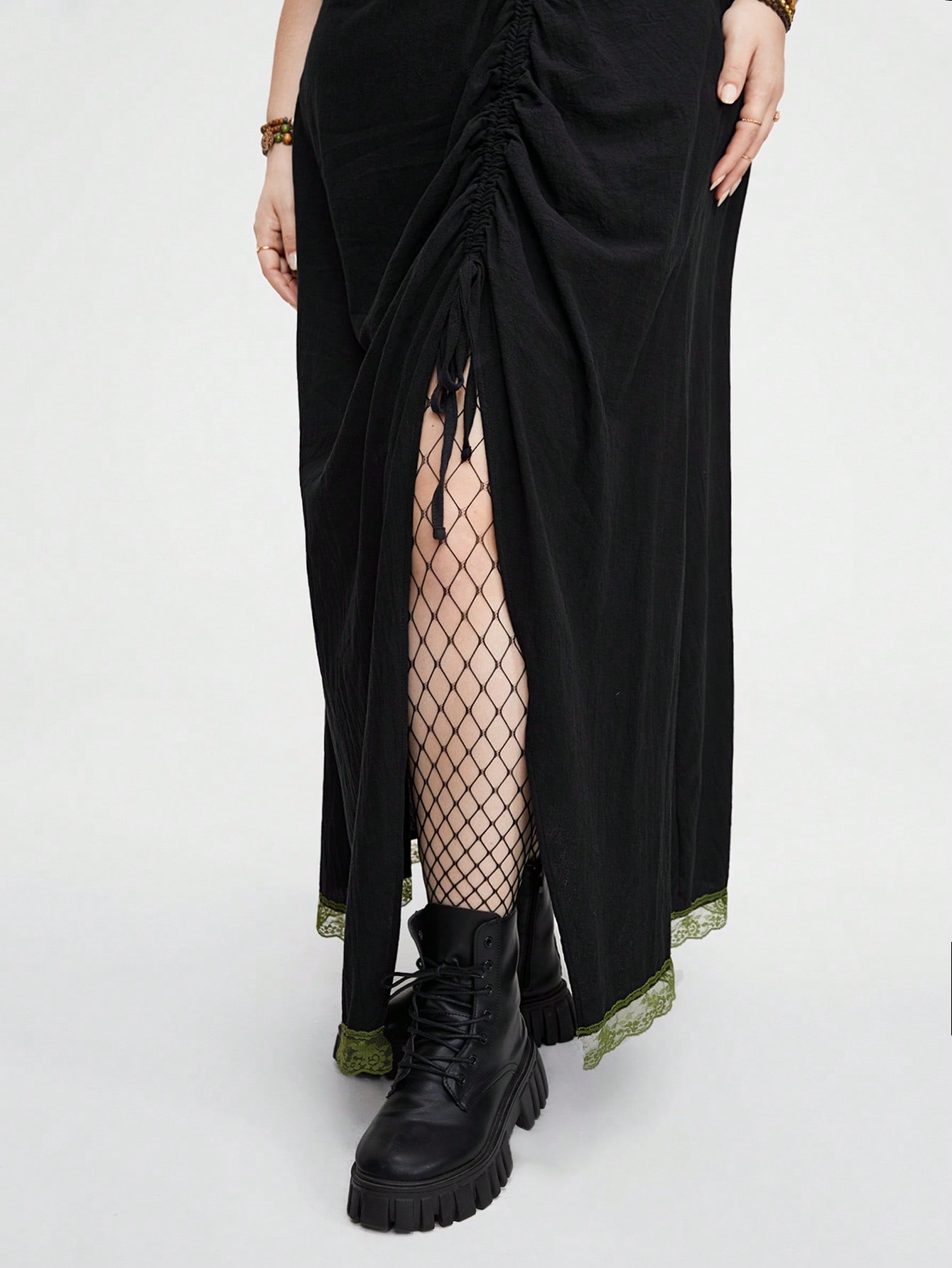 Fairycore Plus Size Lace Trimmed Drawstring Cami Dress