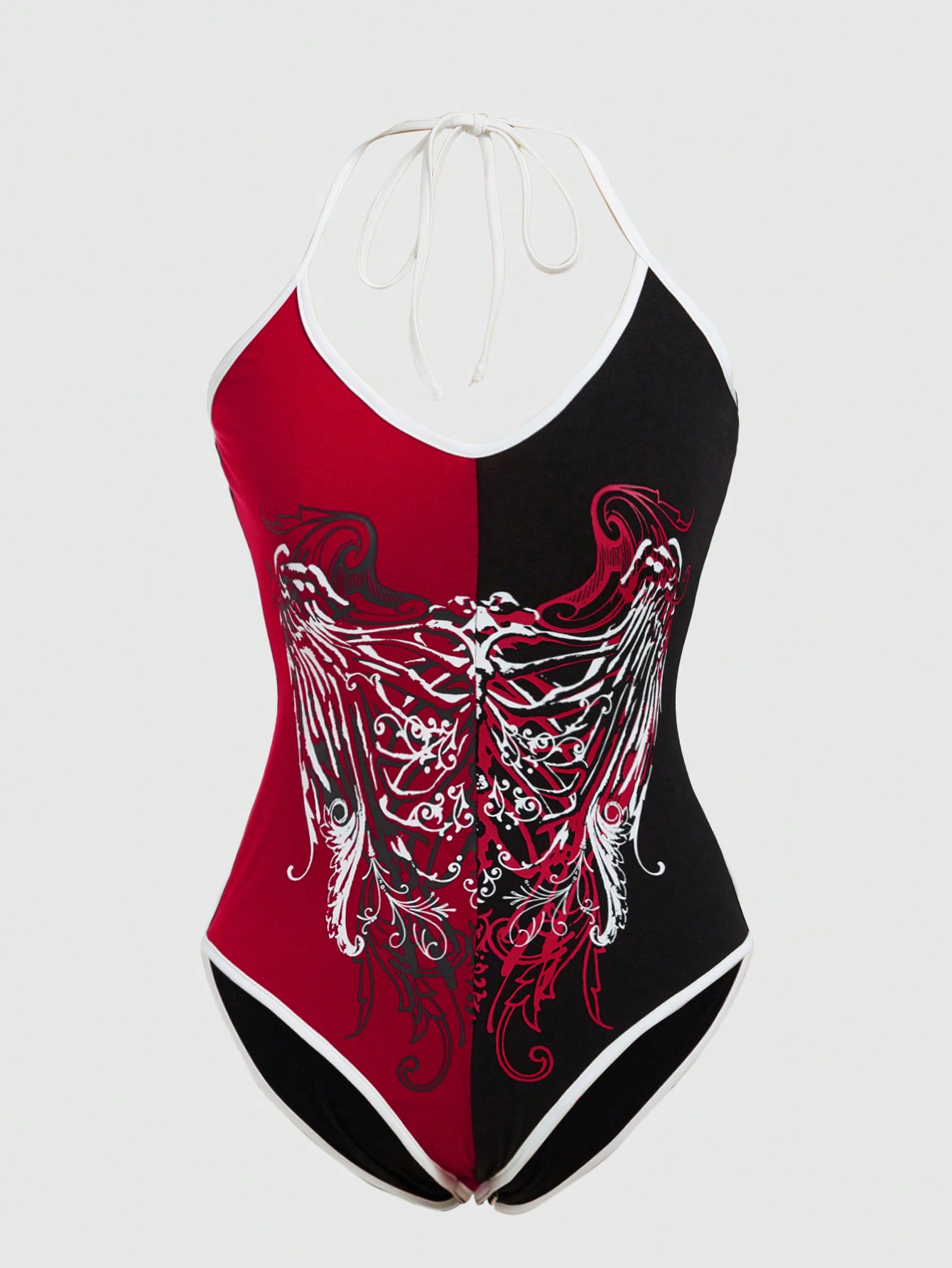 Paola Cardenas e Oliveira Summer Heart & Skeleton Print Contrasting Color Design Tight Halterneck Bodysuit