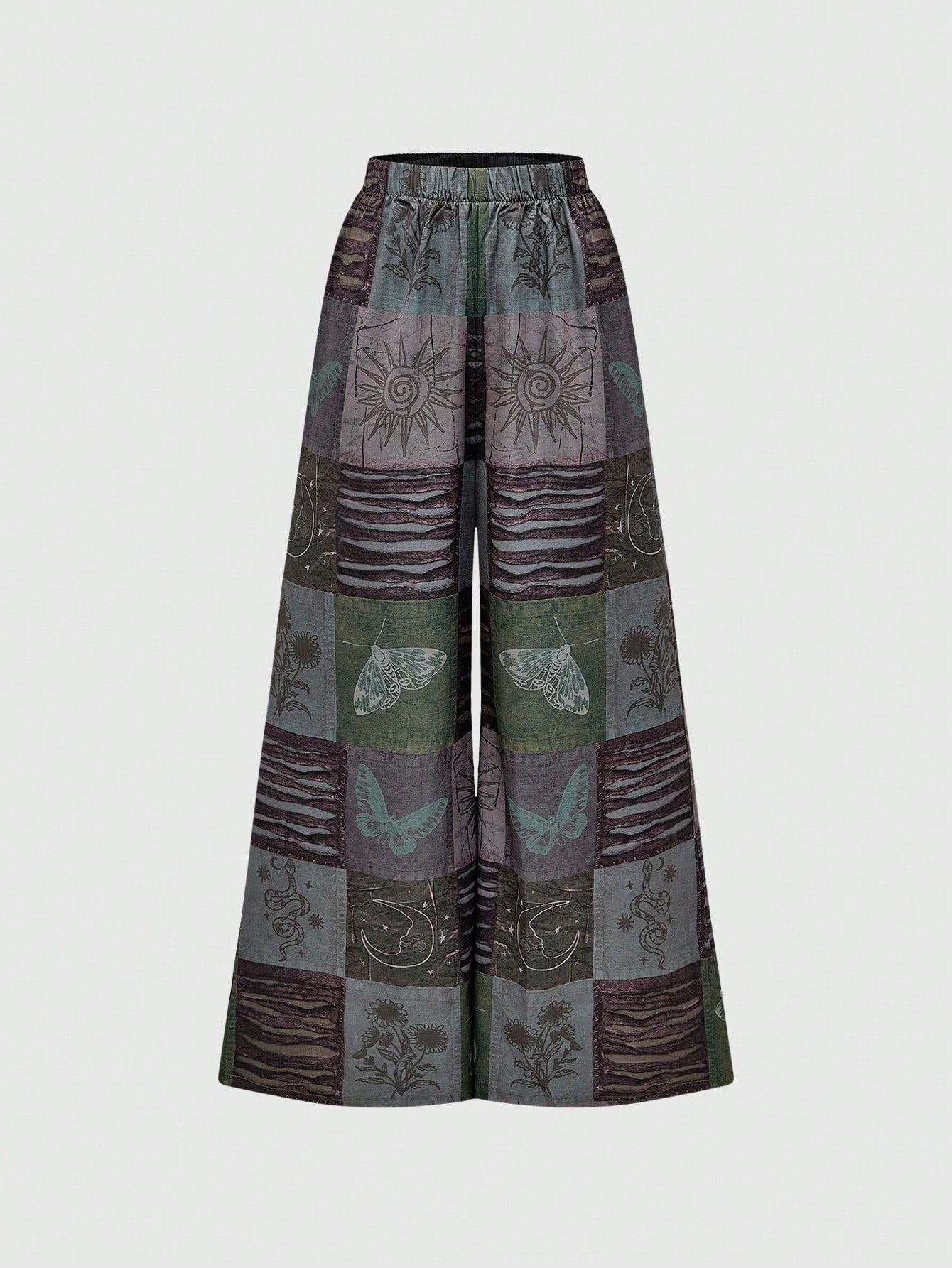 Hippie Boho Beaded Neckline Patchwork Sunflower Print Top & Wide Leg Pants Set For Plus Size Women