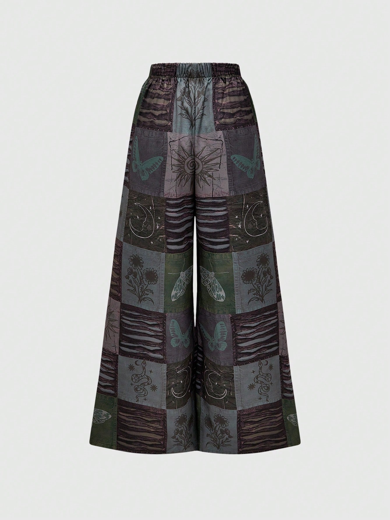 Hippie Boho Beaded Neckline Patchwork Sunflower Print Top & Wide Leg Pants Set For Plus Size Women