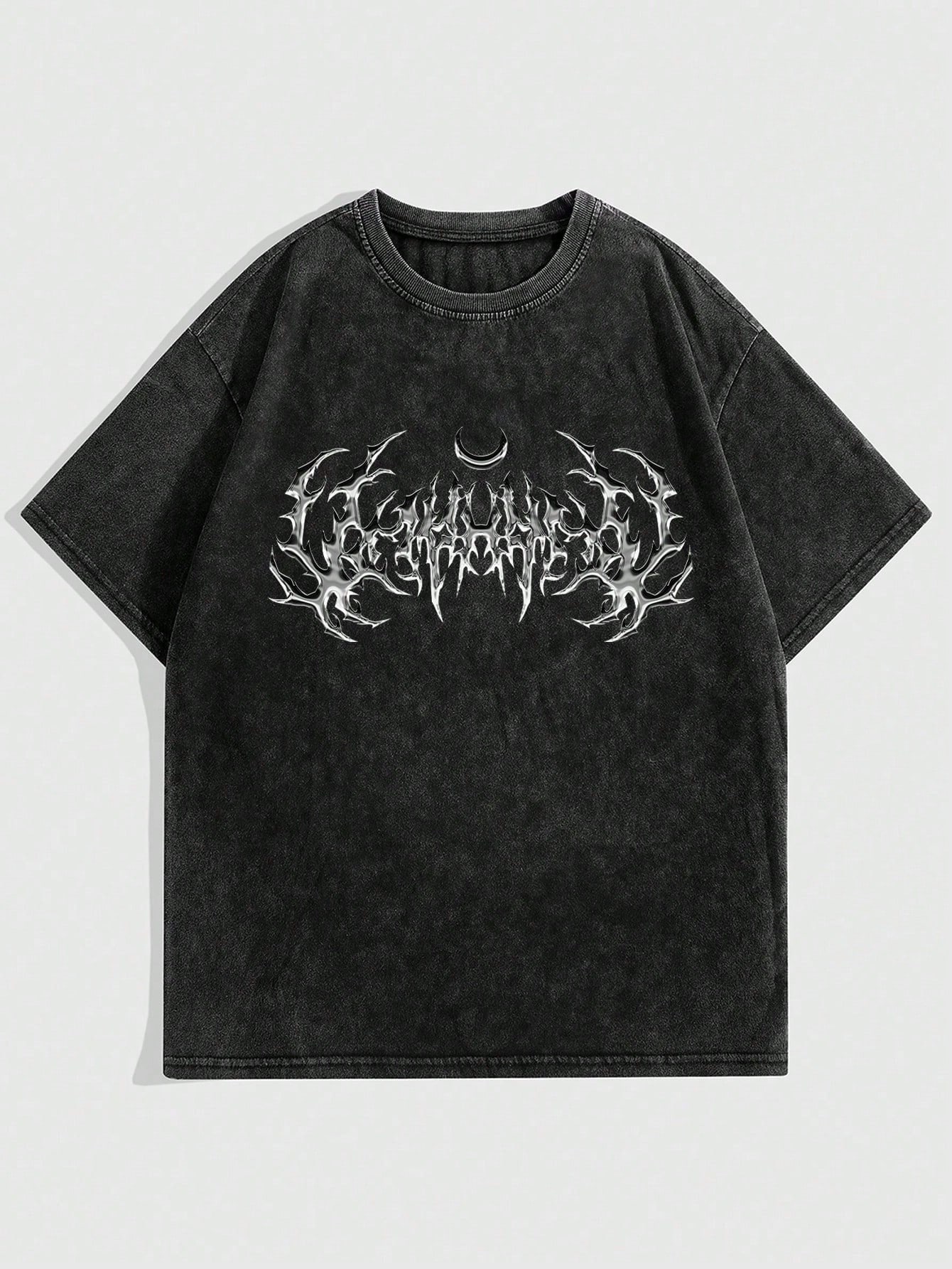 Grunge Punk Plus Size Women's Dark Bat Printed Crinkle Washed T-Shirt With Large Print For Summer, School