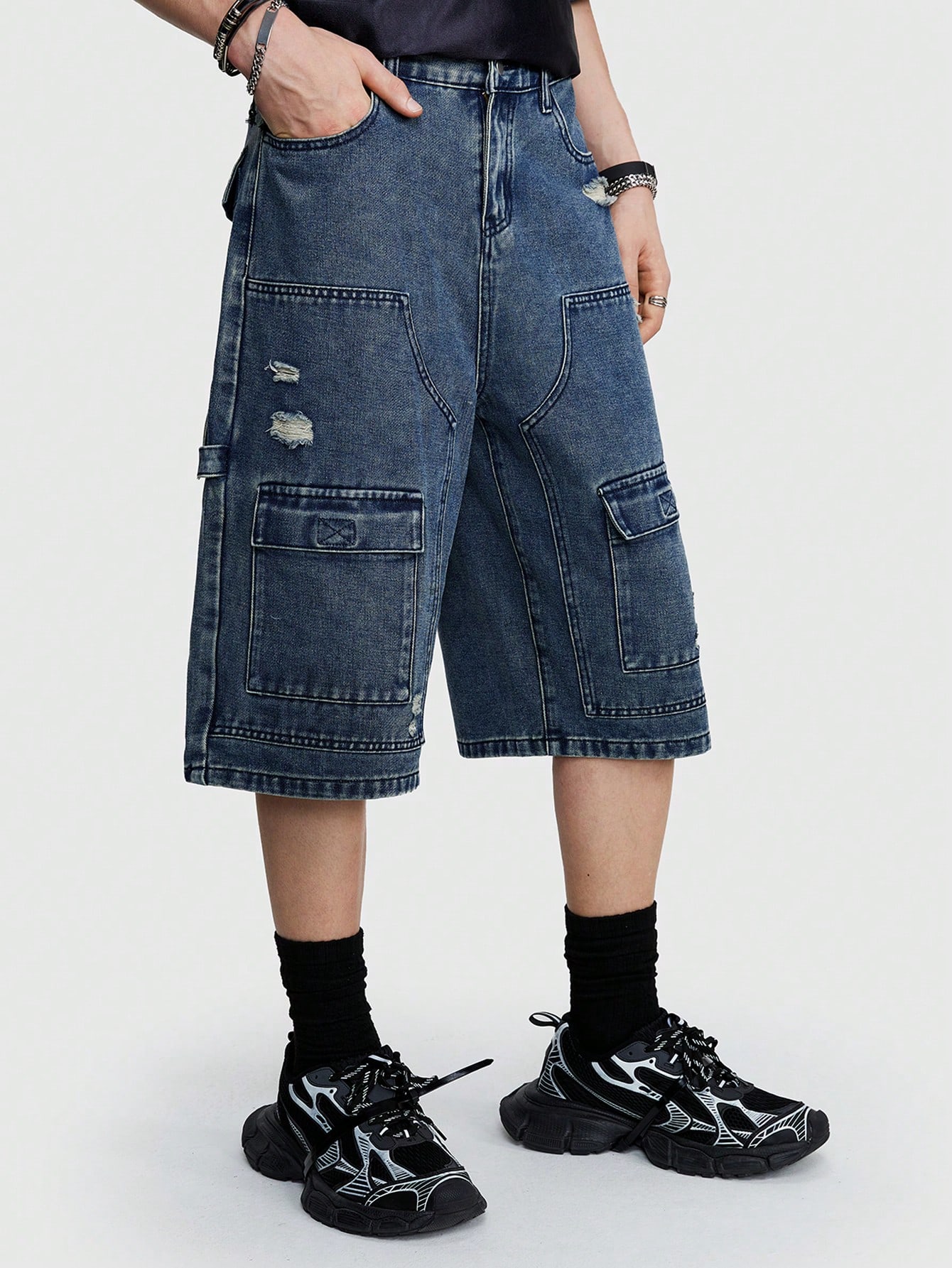 Street Life Men's Washed Distressed Multi-Pocket Denim Cargo Baggy Shorts Knee Length Baggy Jeans For Summer