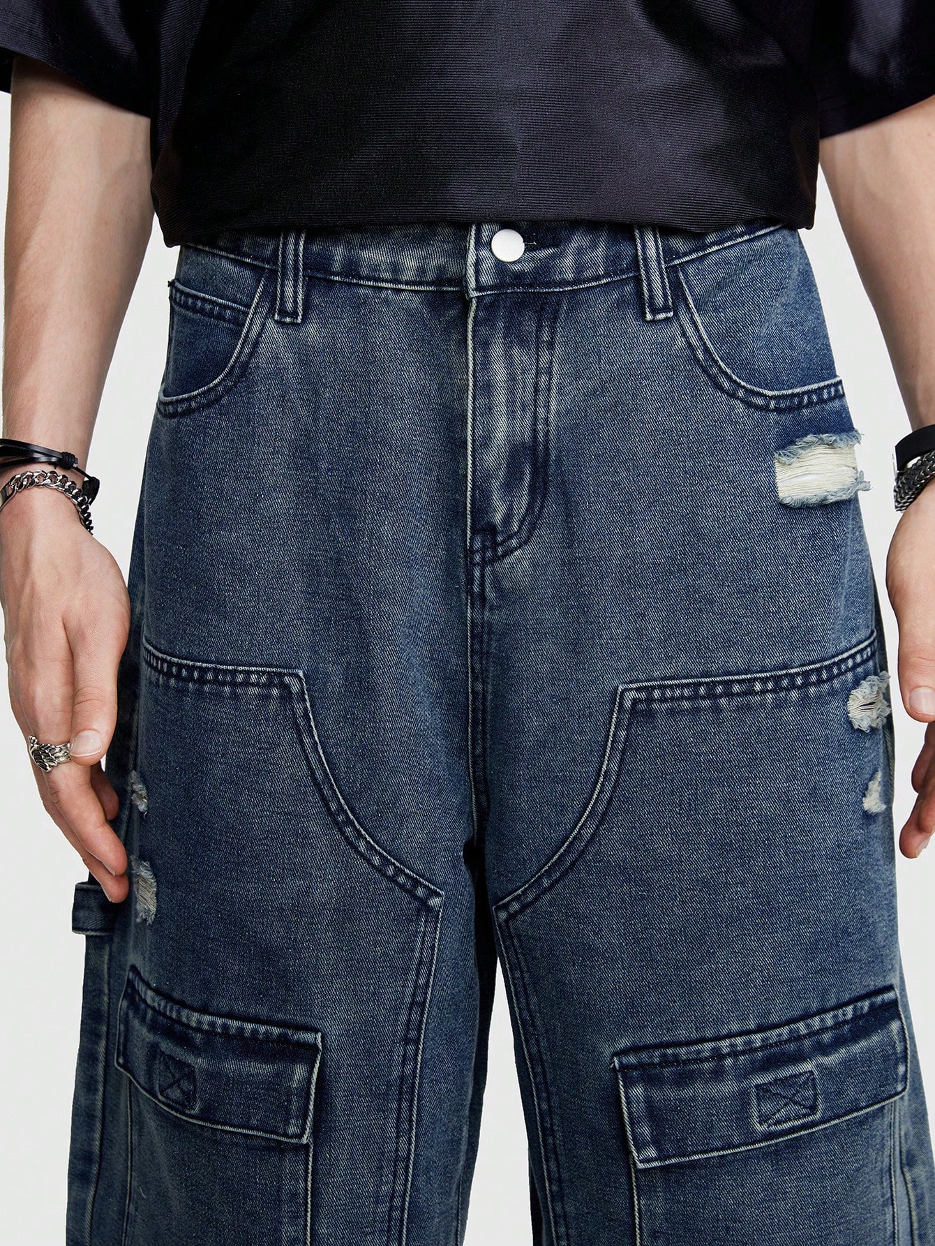 Street Life Men's Washed Distressed Multi-Pocket Denim Cargo Baggy Shorts Knee Length Baggy Jeans For Summer