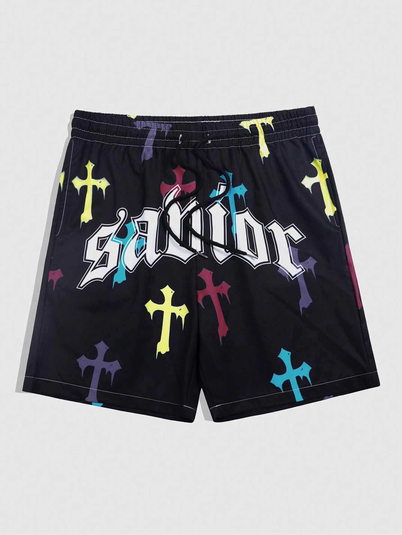 Goth Men Elastic Waist Letter Cross Print Casual Loose Shorts