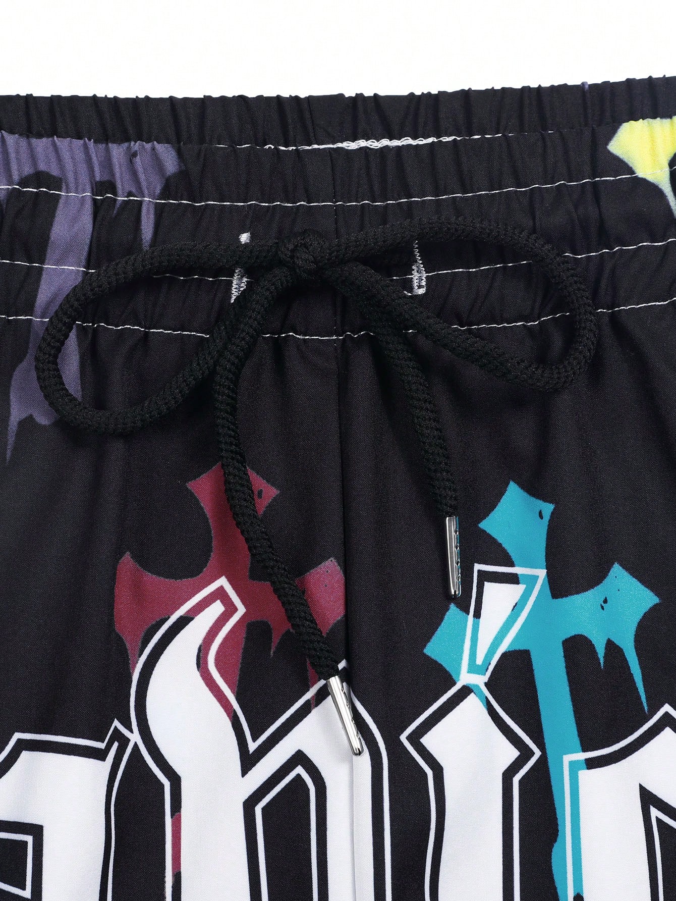 Goth Men Elastic Waist Letter Cross Print Casual Loose Shorts
