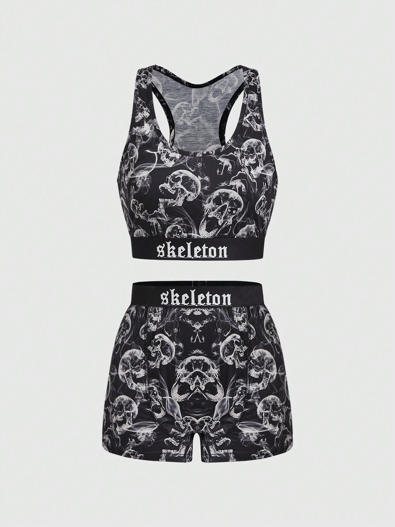 Grunge Punk Punk Style Smoke Skull Print Letter Tape Design Tank Top And Shorts Slim Fit Casual Pajama Set, School