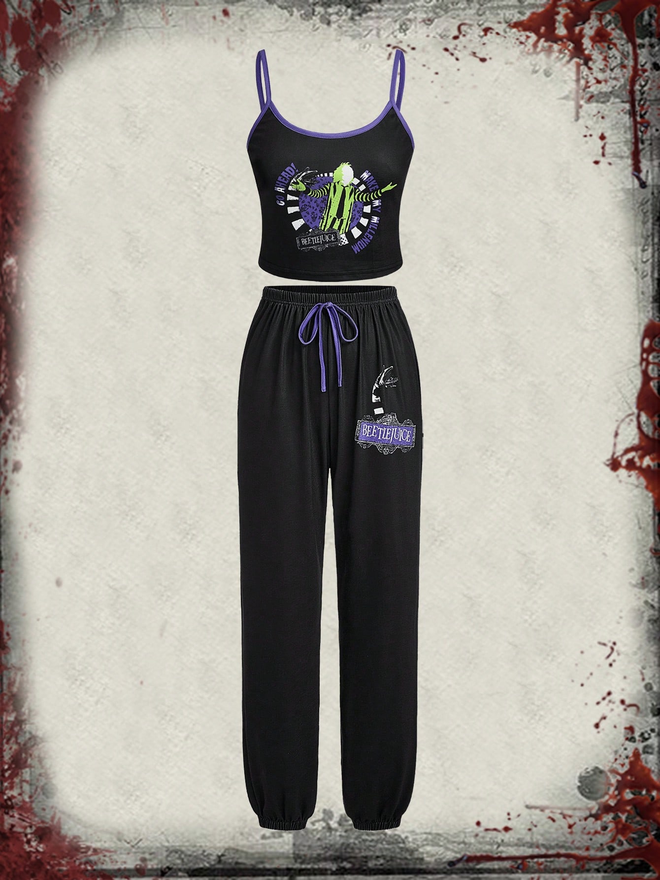 Beetlejuice | ROMWE Dark Gothic Horror Movie Patterned Cami Top & Pants Pajama Set, School