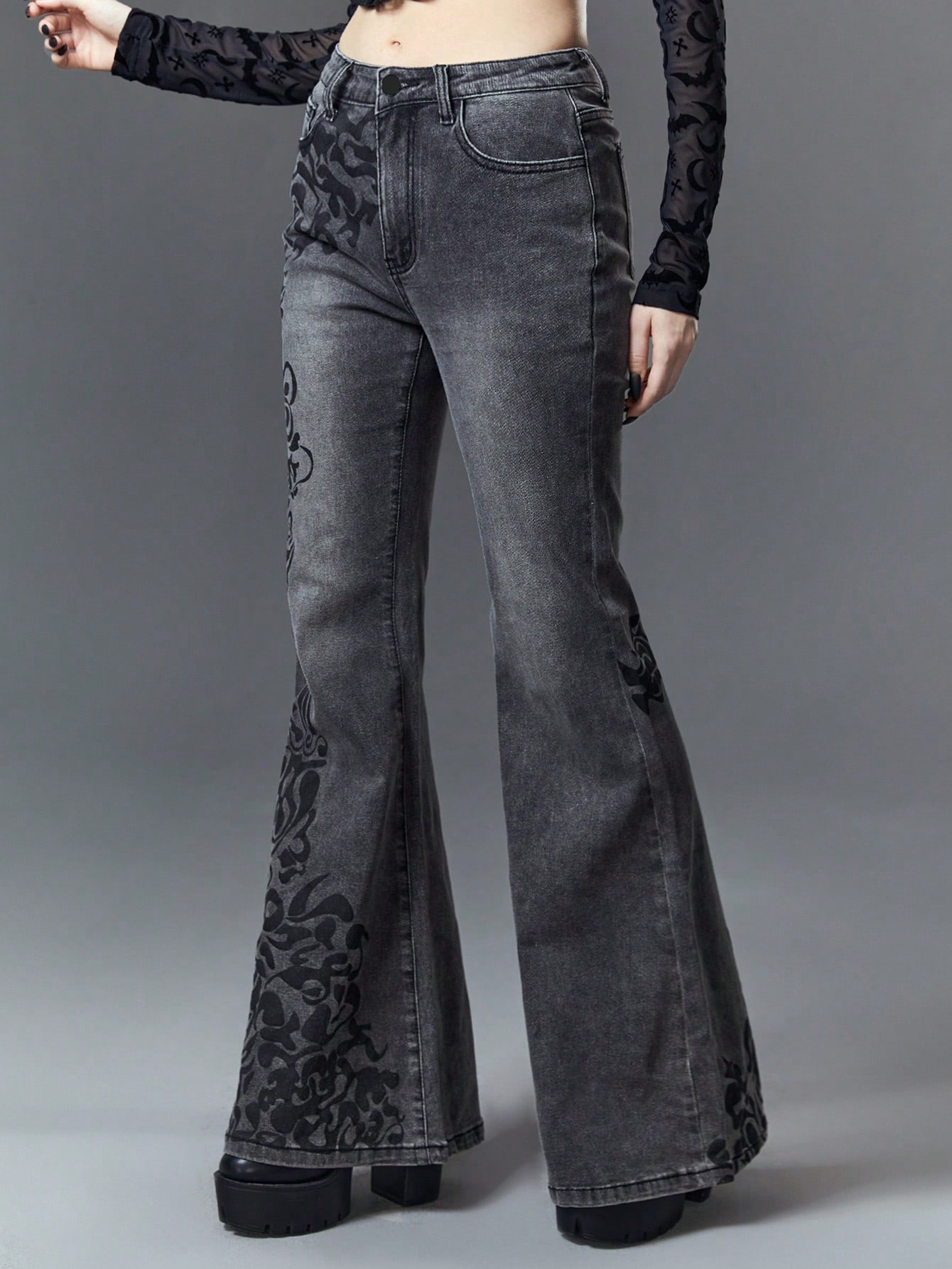 Goth Gothic Dark Vintage Pattern Print Skinny Sexy Stretchy Denim Flared Pants, School