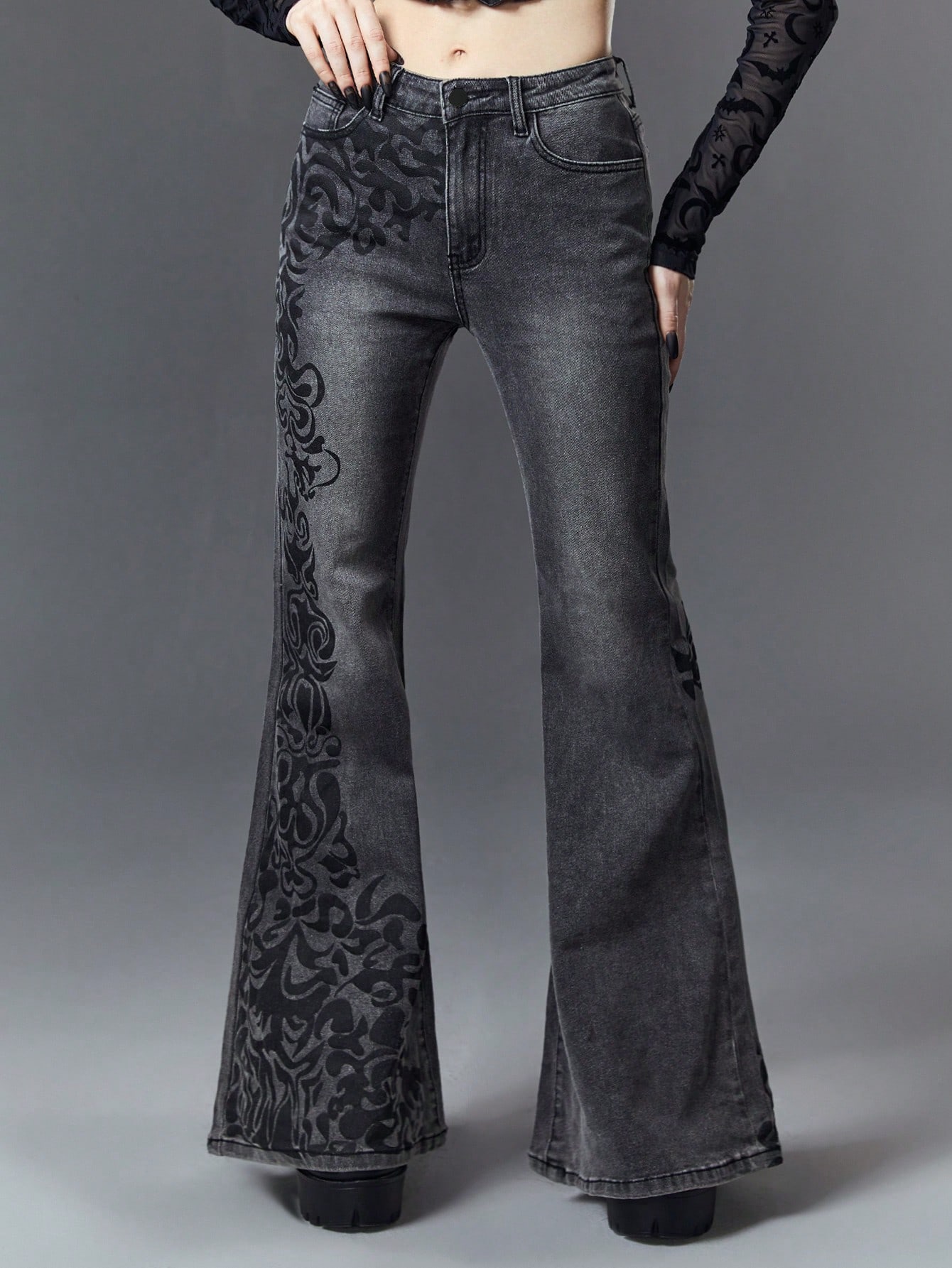 Goth Gothic Dark Vintage Pattern Print Skinny Sexy Stretchy Denim Flared Pants, School